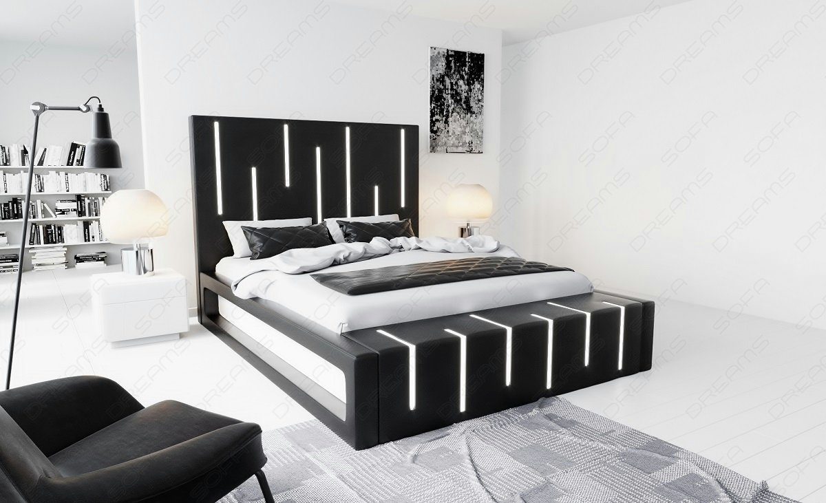 mit Topper Milona schwarz-weiß Sofa Dreams Beleuchtung, LED Boxspringbett Komplettbett Kunstleder mit Premium Bett