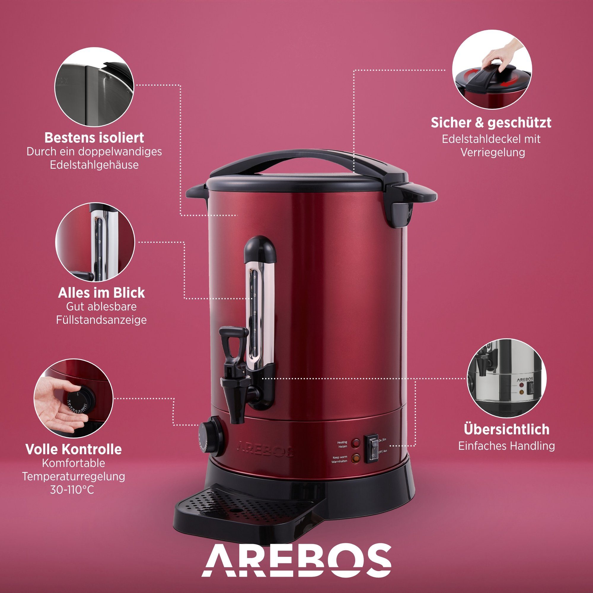 Arebos Heißgetränke- und Glühweinautomat 6,8 L mit Überhitzungsschutz, 30–110 °C, 3 Farben, 950,00 W
