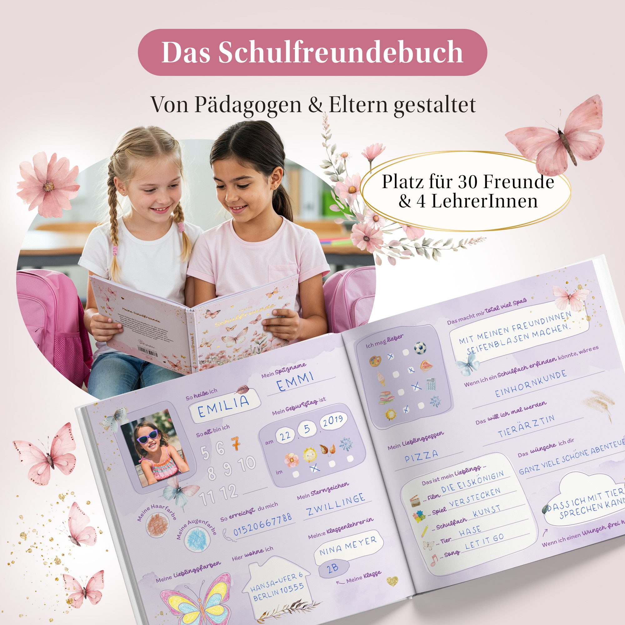 Eulentaler Freundebuch für Mädchen (Schule) I von Pädagogen gestaltet, Schmetterlinge, Blumen & Goldprägung, Geschenk für Schulkinder