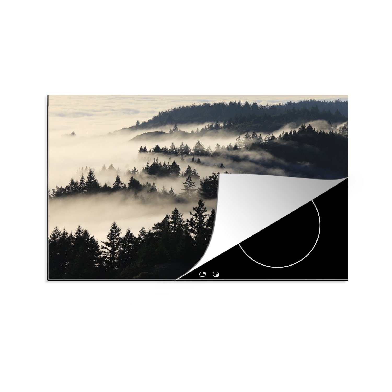 [Jetzt im Sonderangebot] MuchoWow Herdblende-/Abdeckplatte Schwarz-Weiß-Illustration 81x52 Schutz die tlg), Vinyl, für Redwood-Bäumen küche, Induktionskochfeld cm, im Nebel, Ceranfeldabdeckung (1 von
