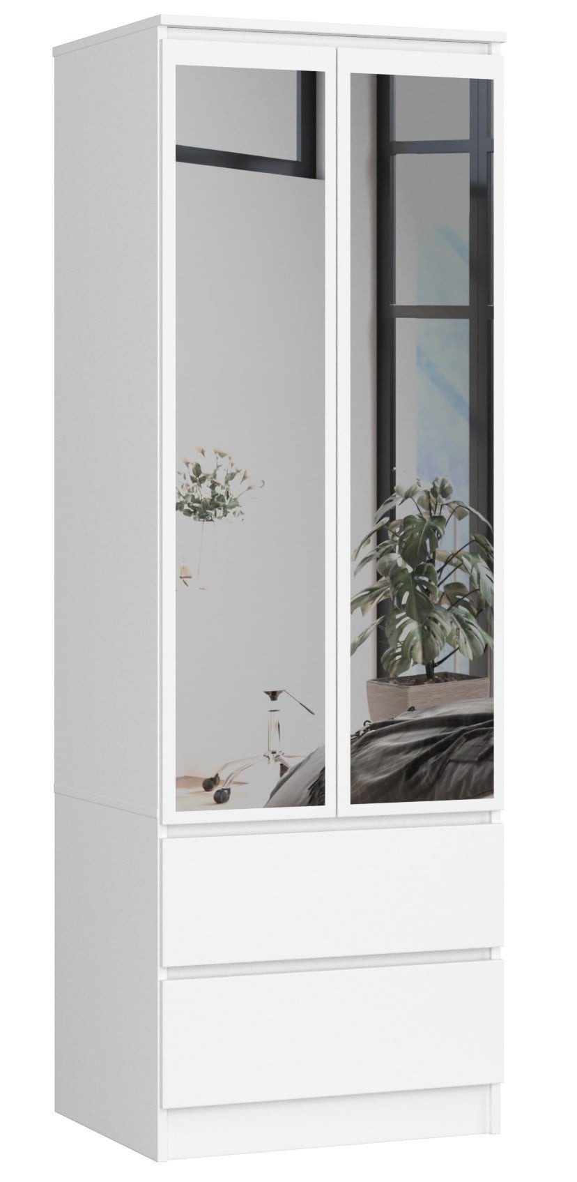 Raumhirsch Furniture Kleiderschrank - Platzsparend & Stilvoll - Garderobenschrank 2 Türen, Schubladen, Spiegel, Soft-Close, 60 cm Breite