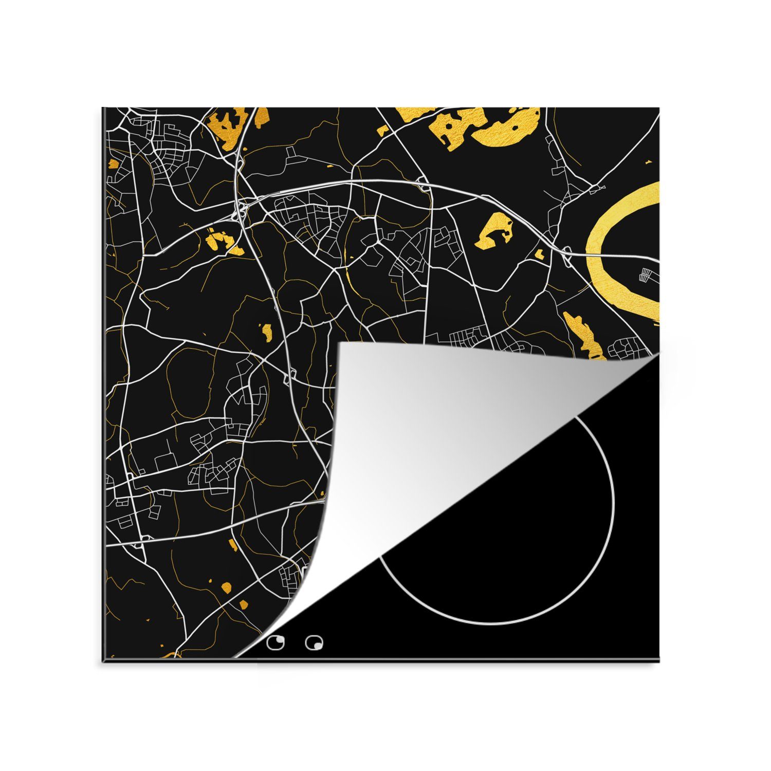 MuchoWow Herdblende-/Abdeckplatte Moers - Karte - Stadtplan - Gold - Deutschland, Vinyl, (1 tlg), 78x78 cm, Ceranfeldabdeckung, Arbeitsplatte für küche