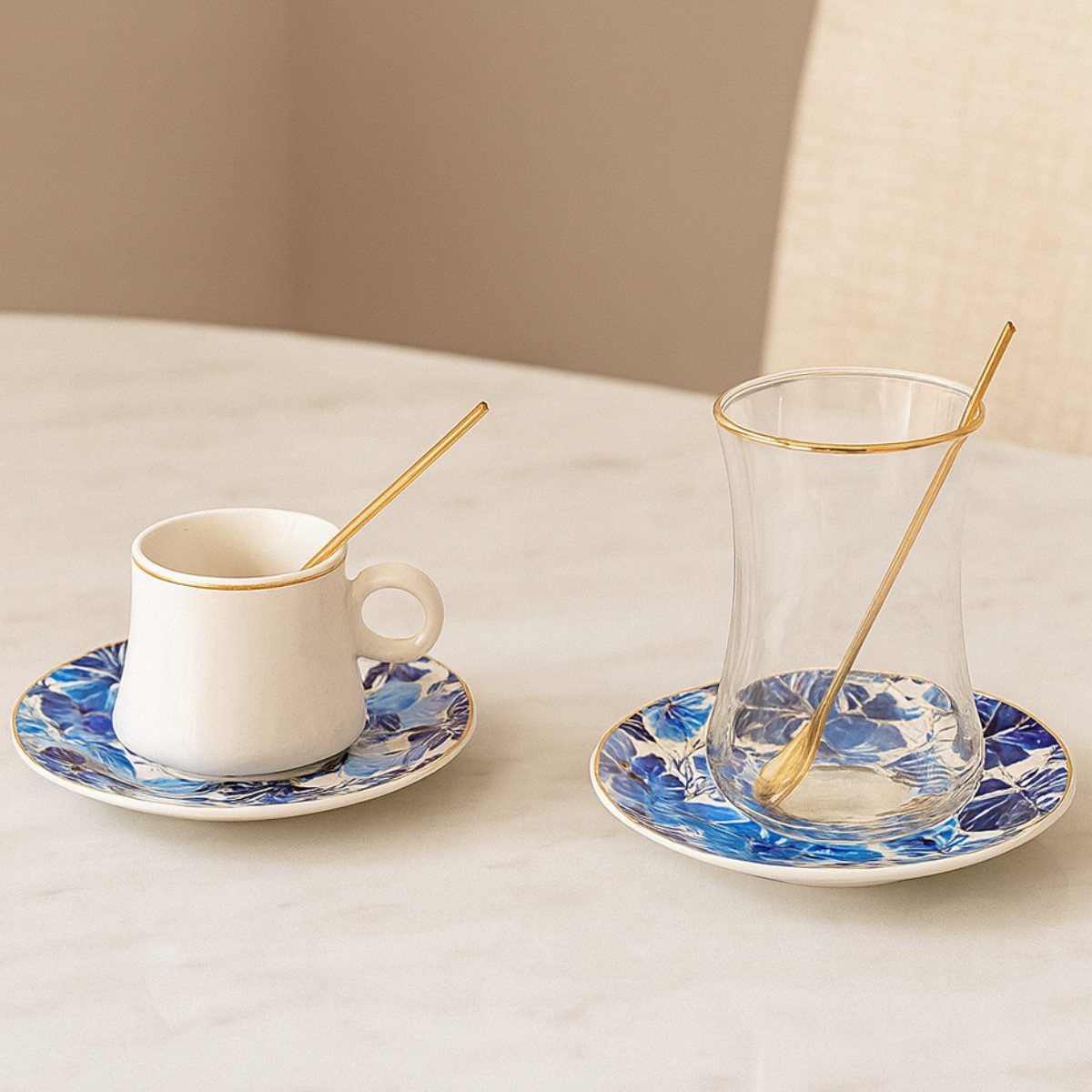 Bricard Teeglas - Espresso Set 24 teilig Blau Gold inkl. Untertasse und Löffel