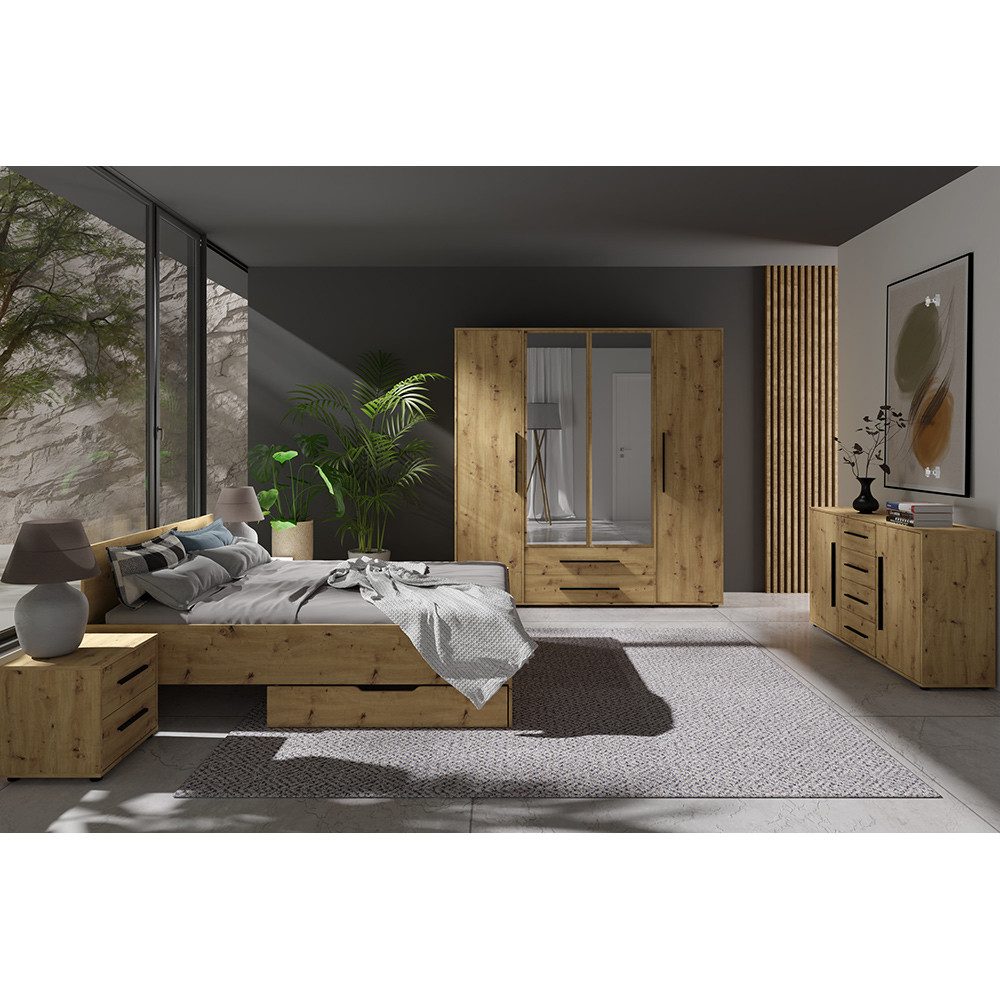 Lomadox Schlafzimmer-Set MOLLERUSA-132, (Spar-Set, 7-tlg., Bett Kleiderschrank Sideboard Bettschubkästen Nachttische), in Eiche mit schwarzen Griffen, Liegefläche 160x200 cm