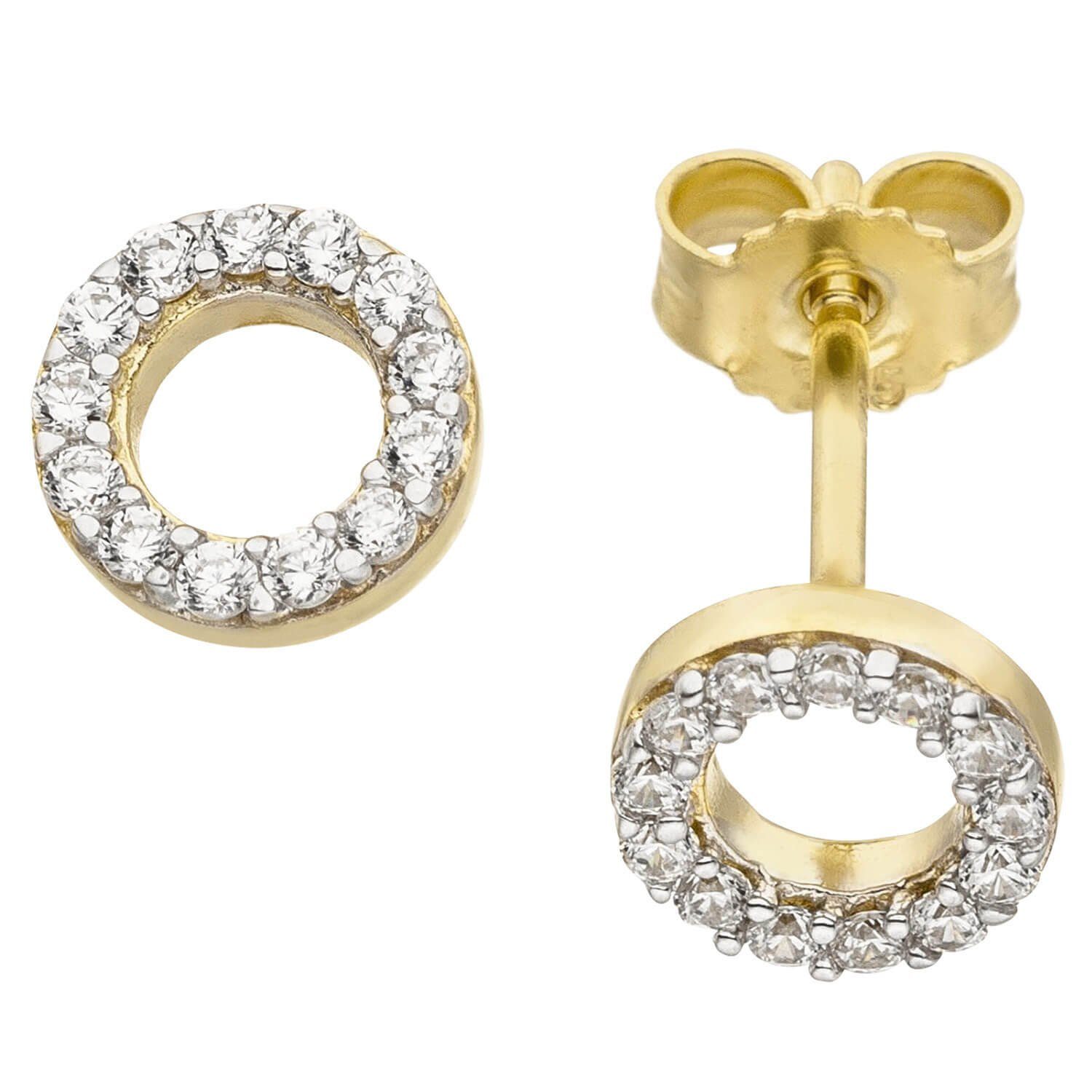 Schmuck Krone Paar Ohrstecker Gold 375 Ringform Gold Ohrstecker Gelbgold bicolor, Ohrringe, Zirkonia, mit rund, 375