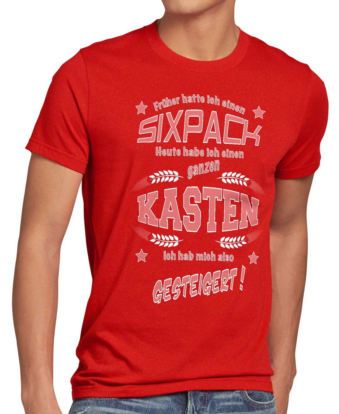 style3 Print-Shirt Herren T-Shirt Früher einen Sixpack heute Kasten Biershirt Fun Funshirt Spruch rot