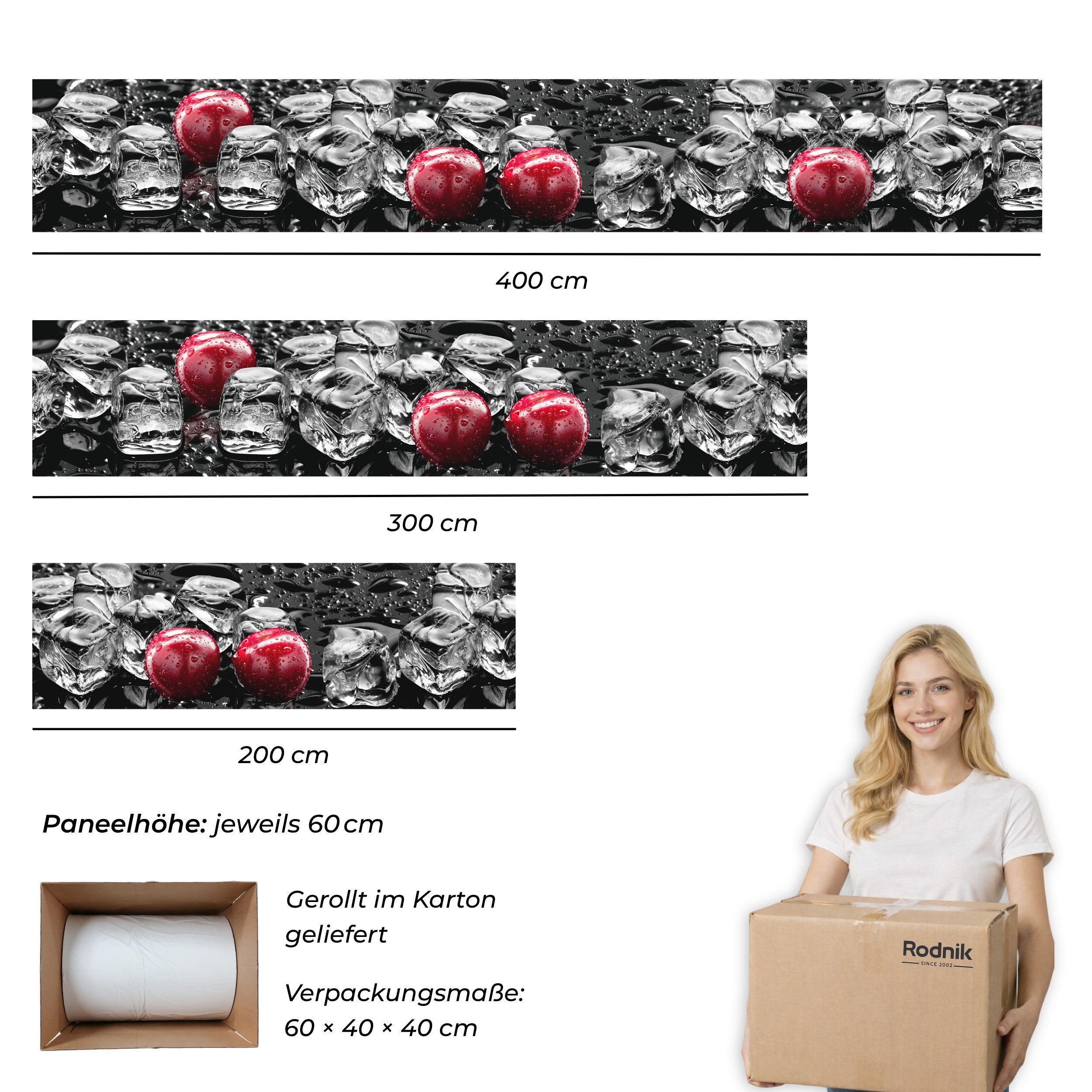 Rodnik Küchenrückwand Eiswürfel und Kirschen, monolithische ABS-Platte mit Direktdruck, formstabil und langlebig