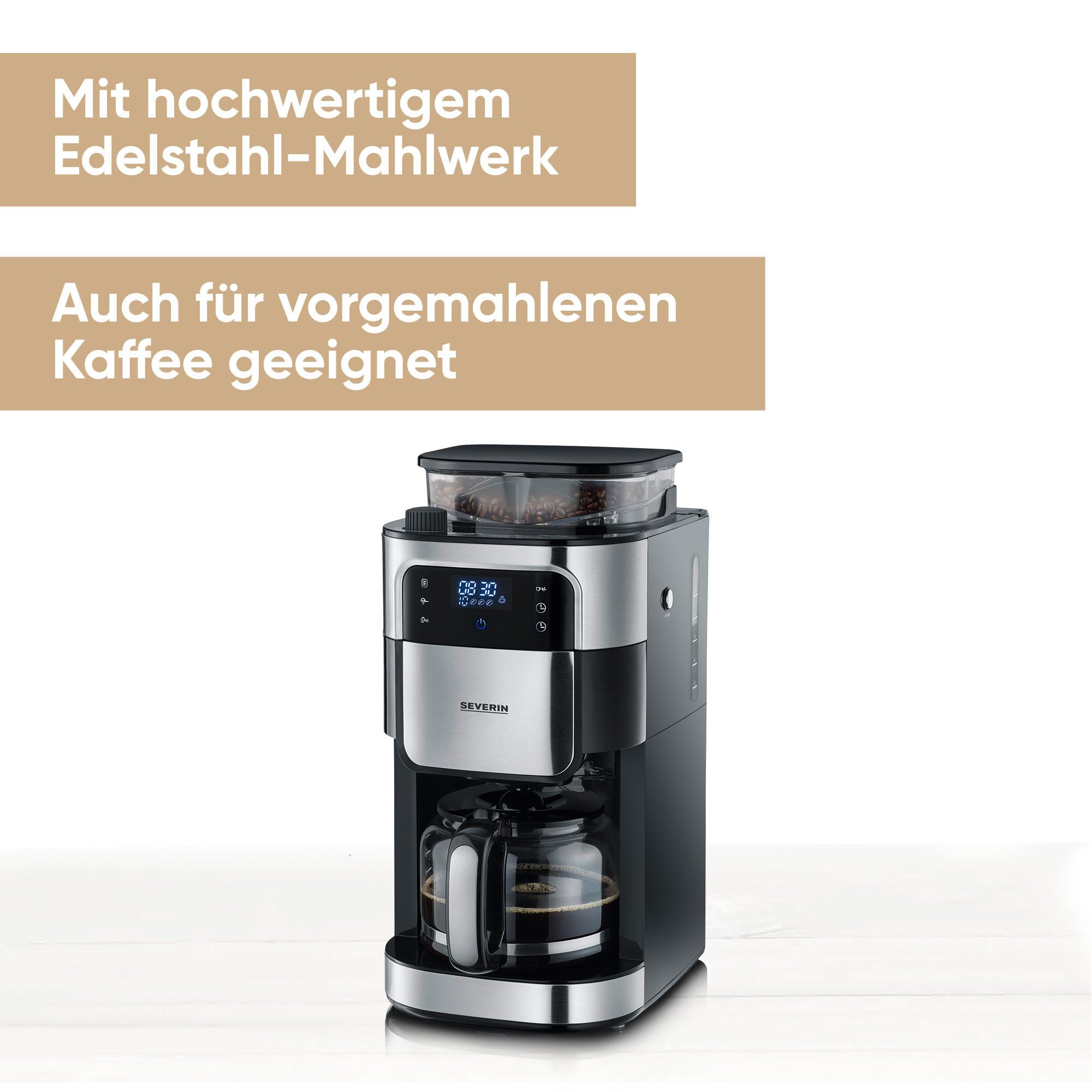 Severin Kaffeemaschine mit Mahlwerk KA 4813, 1,25l Kaffeekanne, Permanentfilter 1x4, Mahlgrad und Kaffeemenge einstellbar, Warmhalten: bis 60 Min., Timer