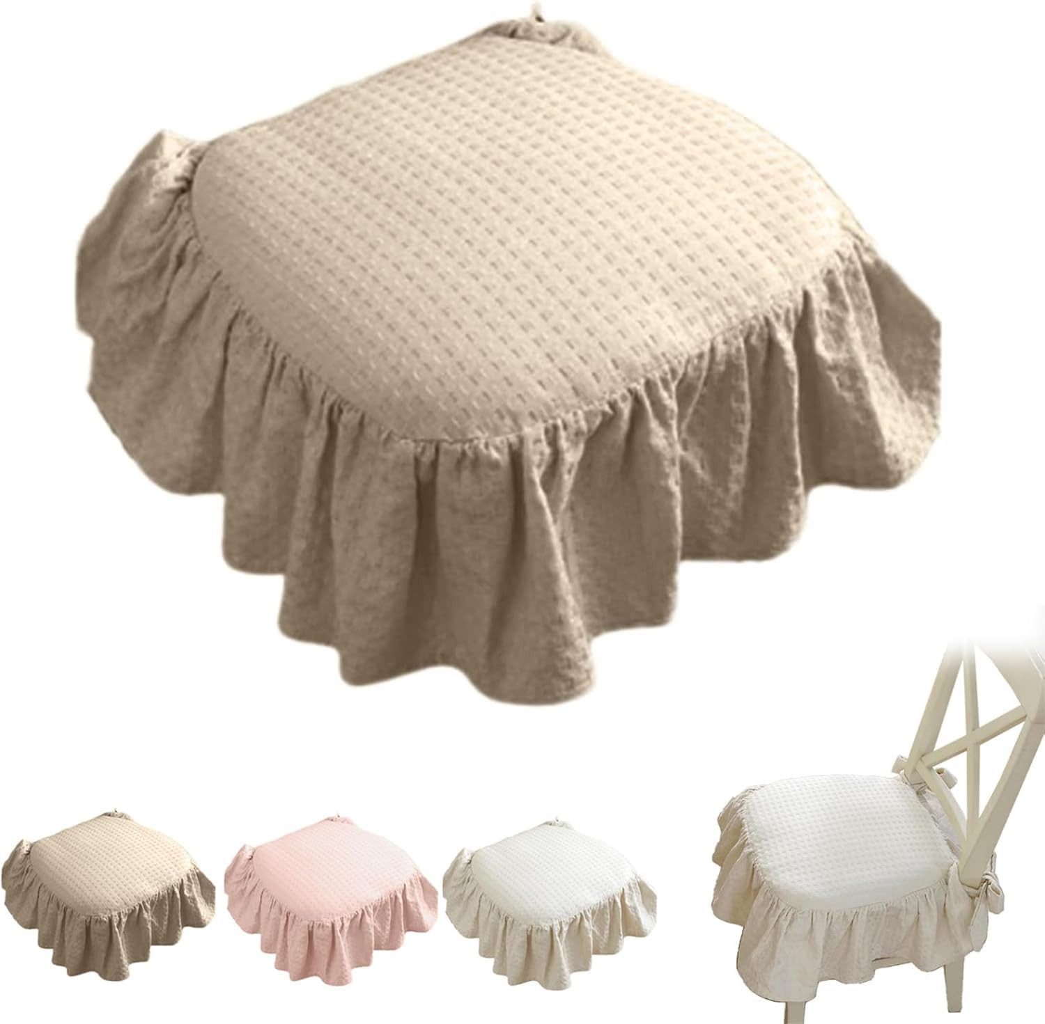 Diwzbyn Sitzkissen Rutschfestes Stuhlkissen mit Volant,Bindebändern, Landhaus, für Esszimmer,Büro, Schreibtisch und Wohnzimmer,43x45cm