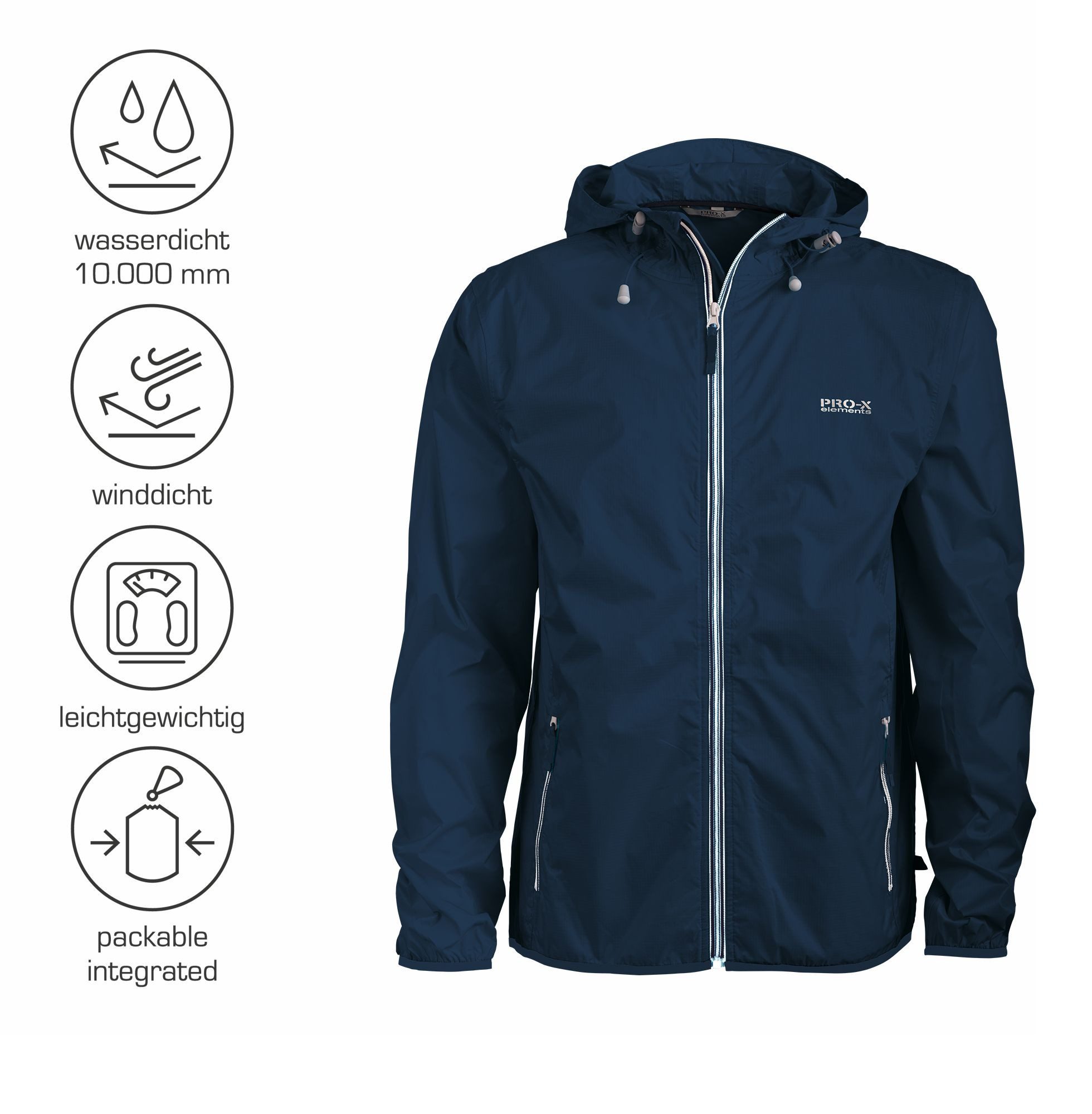 PRO-X ELEMENTS Regenjacke Fahrradjacke STAR wasserdicht, atmungsaktiv, winddicht integr. Packtasche, Reißverschluß, Kinnschutz, Kapuze