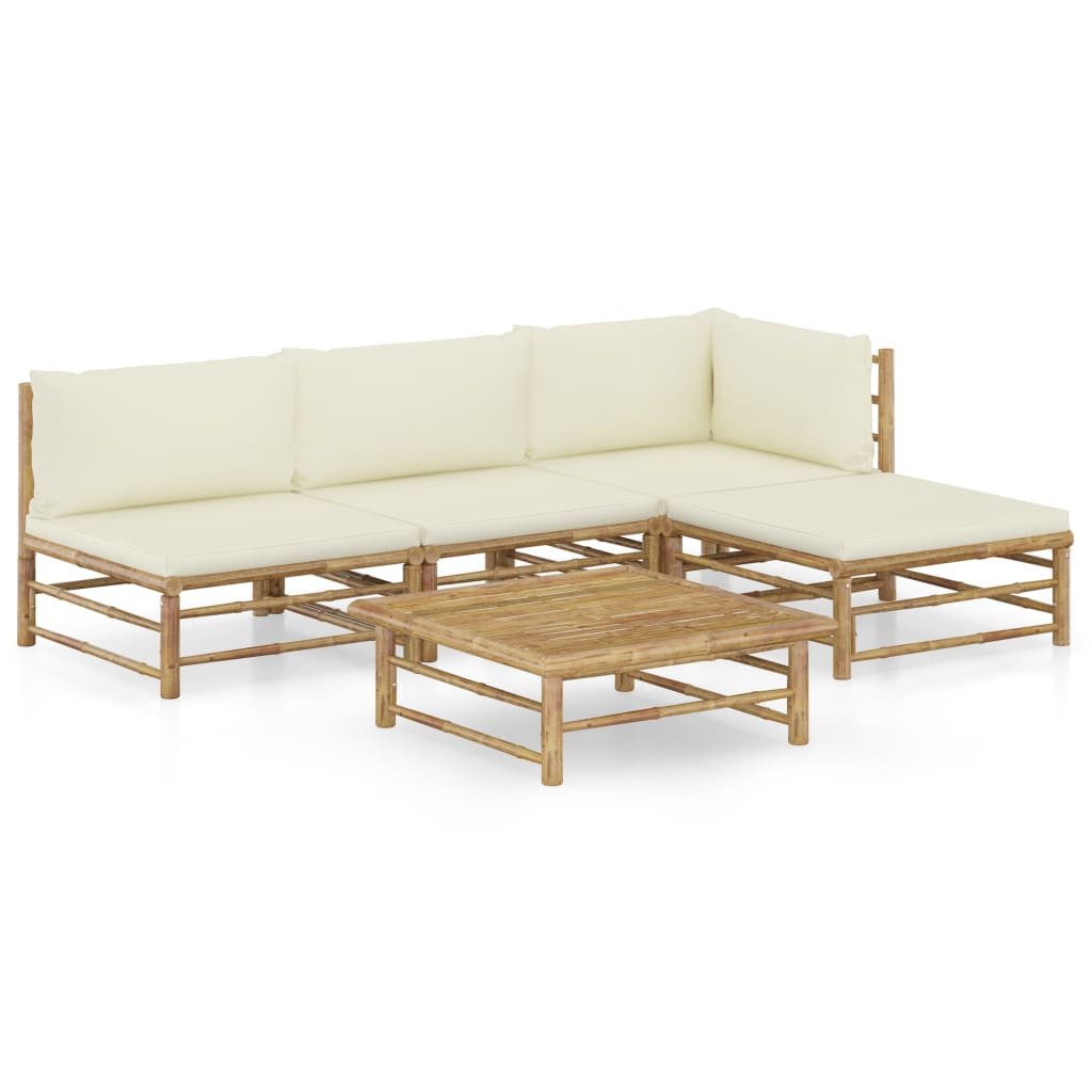 vidaXL Gartenlounge-Set 5-tlg. Garten-Lounge-Set mit Cremeweißen Kissen Bambus, (1-tlg)