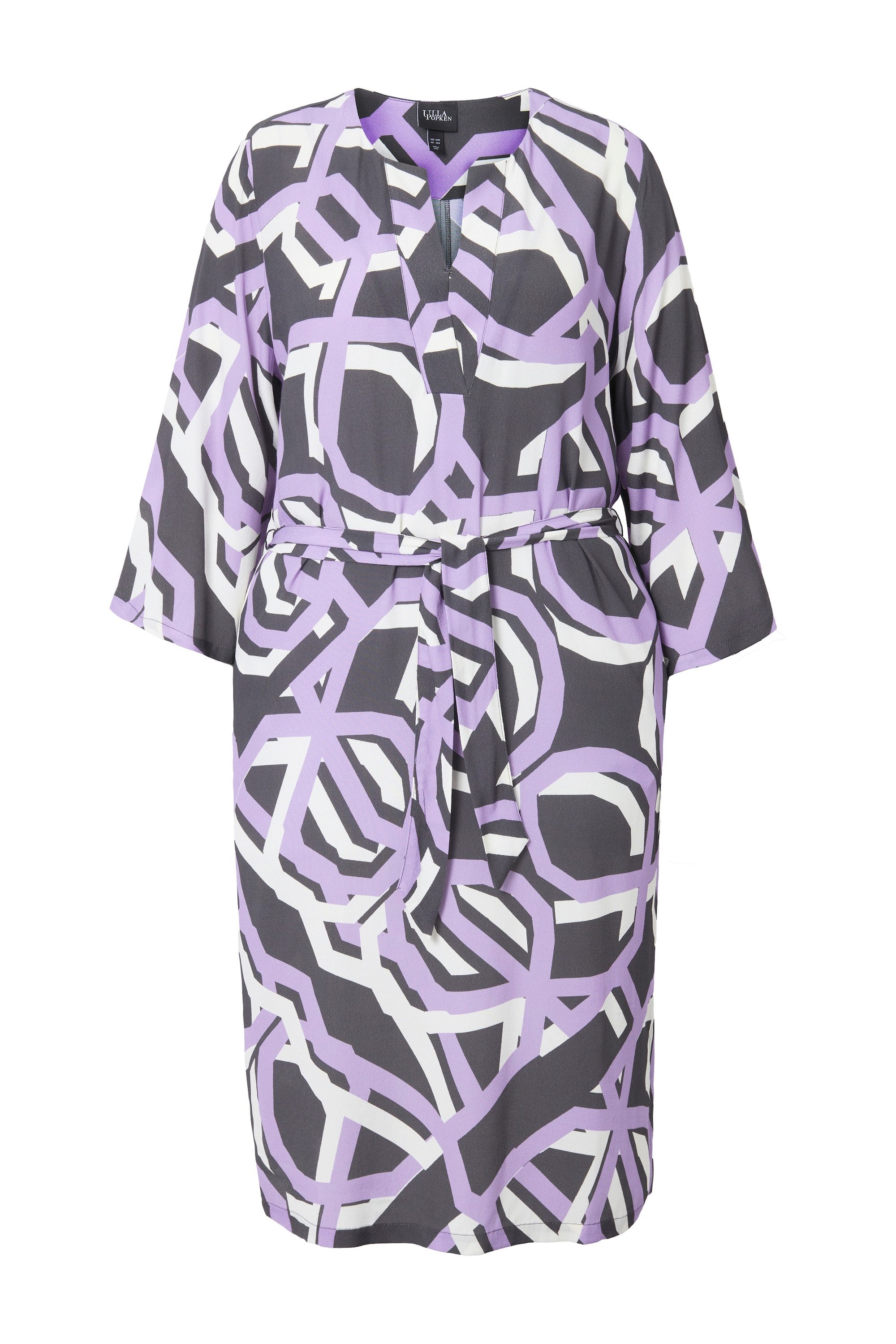 Ulla Popken Midikleid Kleid Tunika-Ausschnitt 3/4-Arm Bindegürtel günstig online kaufen