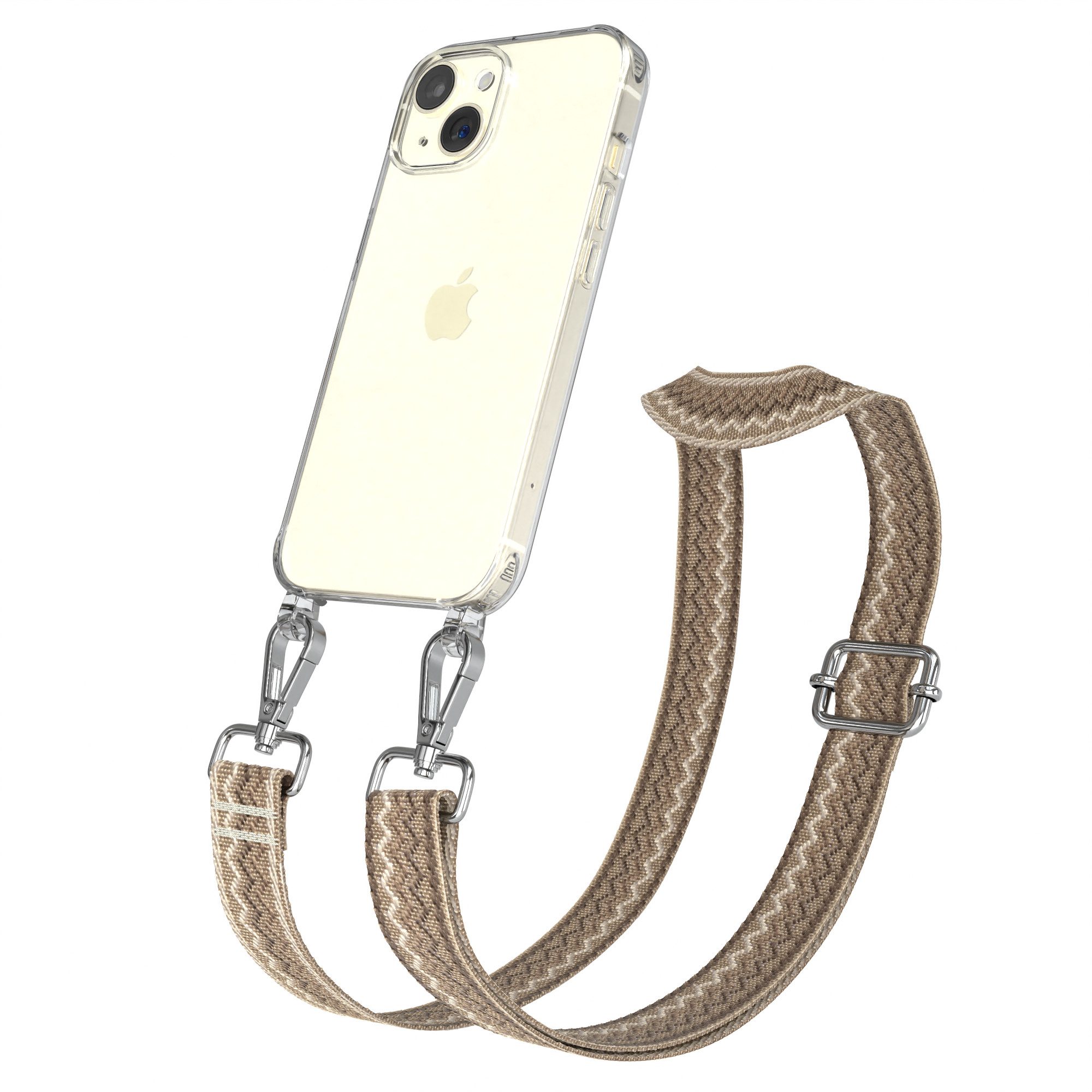 EAZY CASE Handykette Silikonhülle mit runder Kette für Apple iPhone 15 6,1 Zoll, Schulterriemen Taschenband mit Hülle Handyband Wave mit Band Braun