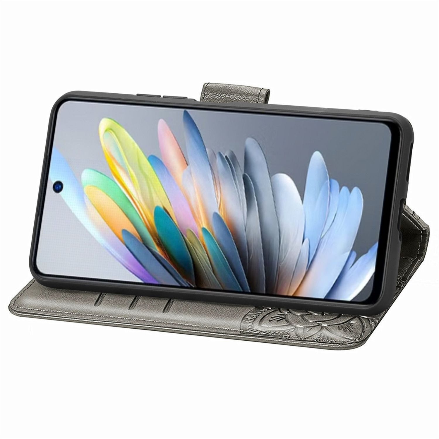 Wigento Smartphone-Hülle Für ZTE Blade A75 4G Kunstleder Schmetterling Wallet Hülle Tasche Grau, Kunst-Leder Schutzhülle Smart Case Cover magnetischer Verschluss