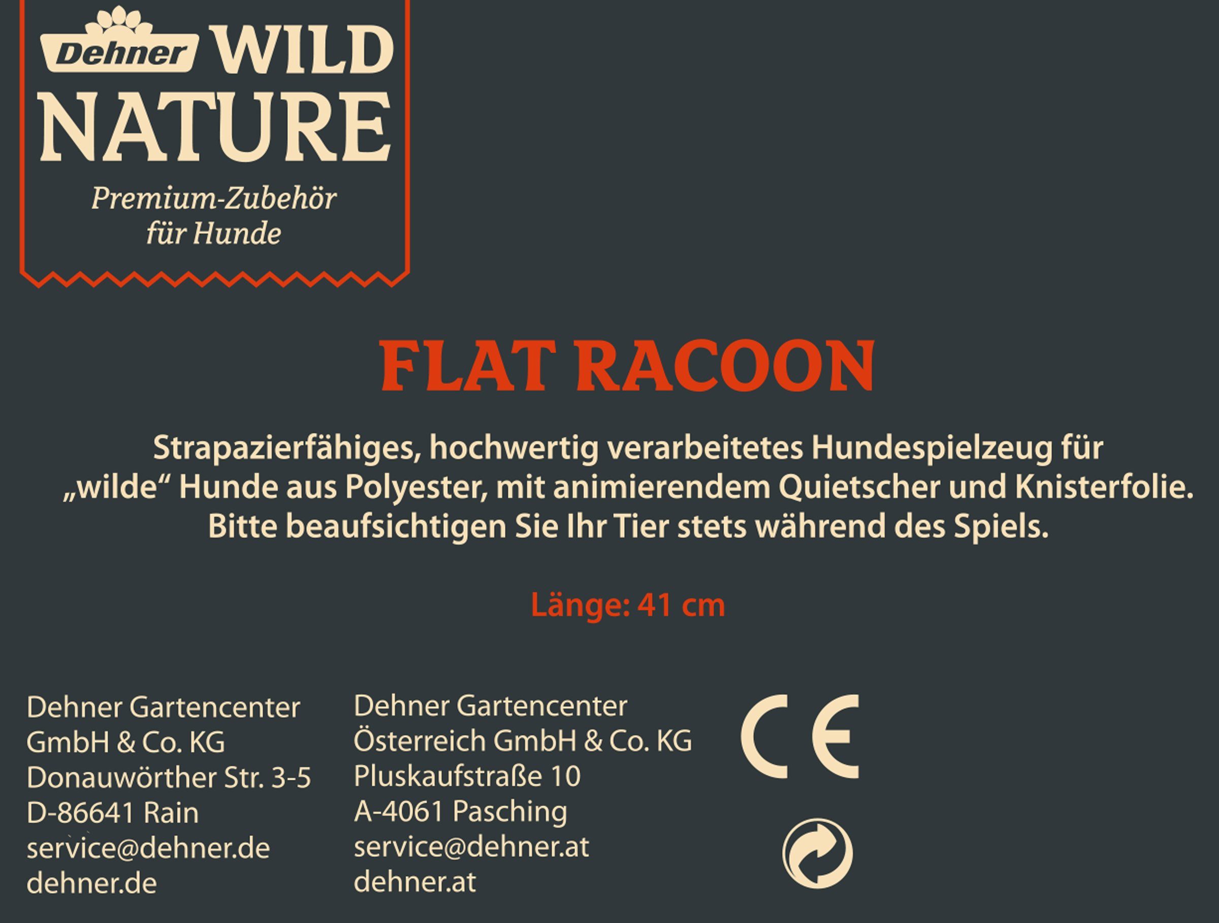 Dehner Tier-Beschäftigungsspielzeug Flat Racoon mit Quietscher, Länge 46 cm, Polyester, robustes Trainingsspielzeug für Hunde