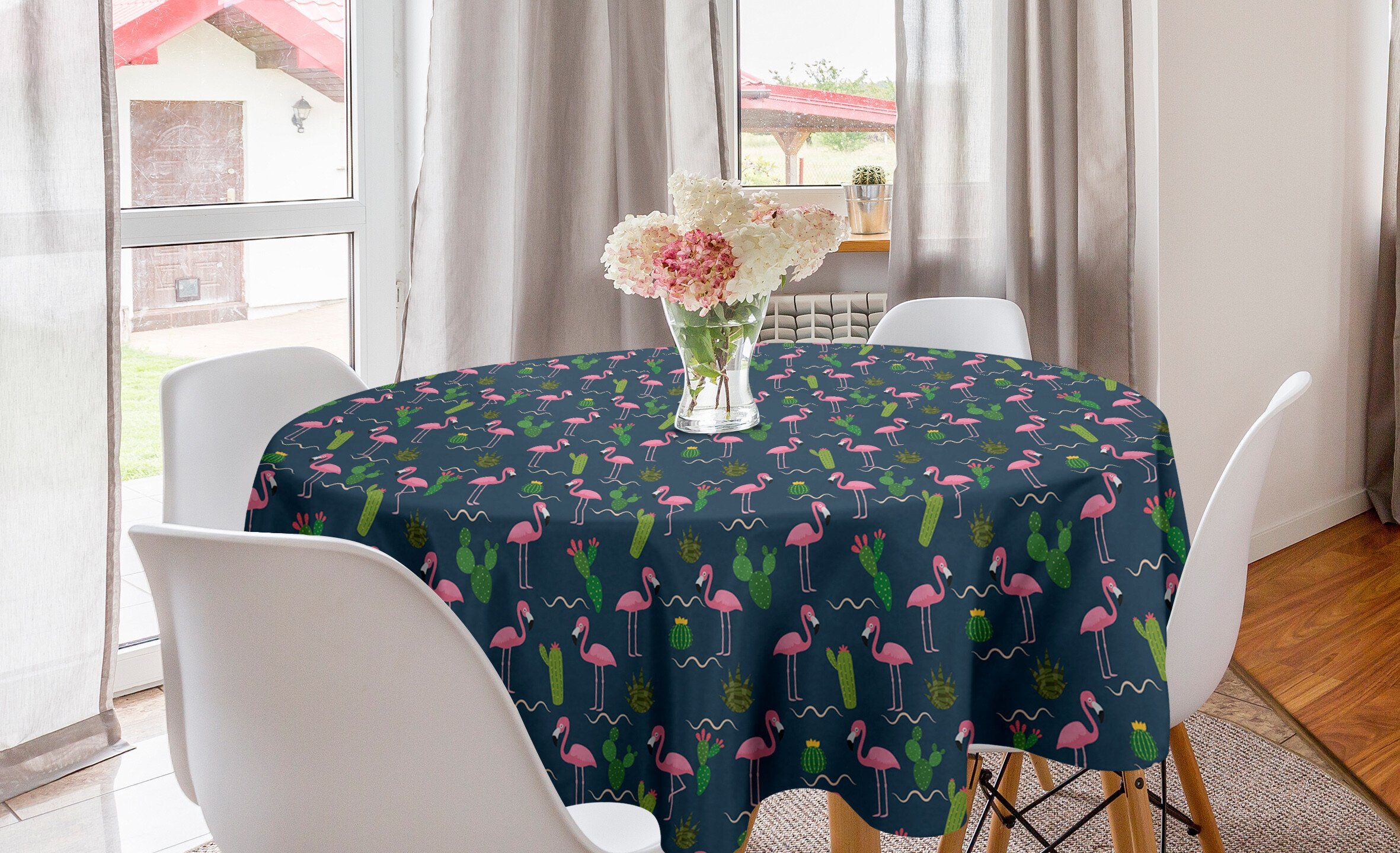 Abakuhaus Tischdecke Kreis Tischdecke Abdeckung für Esszimmer Küche Dekoration, Dunkelpink Cactus Flamingo-Muster