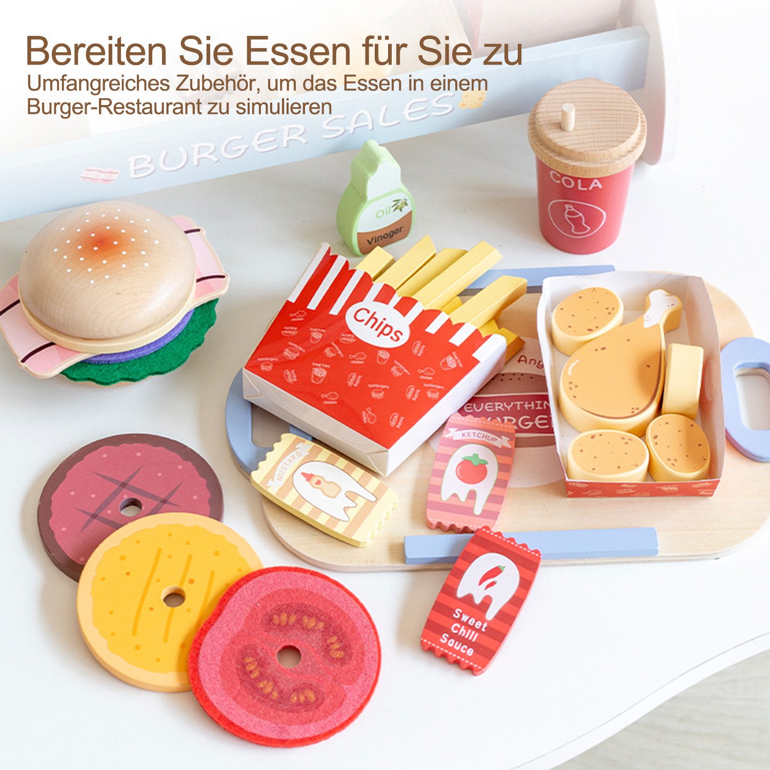 Esun Spielküche Kinderküche Spielküche Zubehör aus Holz, Küchenspielzeug Hamburger Holz, Kaufladen Zubehör Rollenspiel Geschenk Ab 3 Jahren
