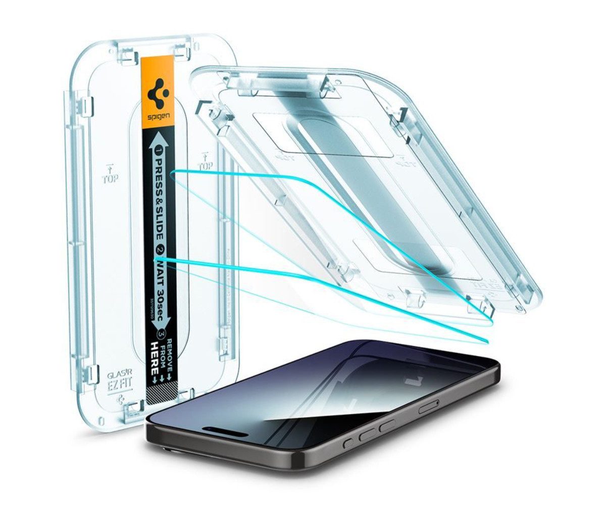 Spigen Displayschutzfolie 2x Displayschutz für iPhone 15 Pro Max Panzerglass Panzerfolie Glas, 2‑tlg. Set, 2 Stück, Tempered Glass, Anti-Fingerabdruck, Case Friendly, Hartglas
