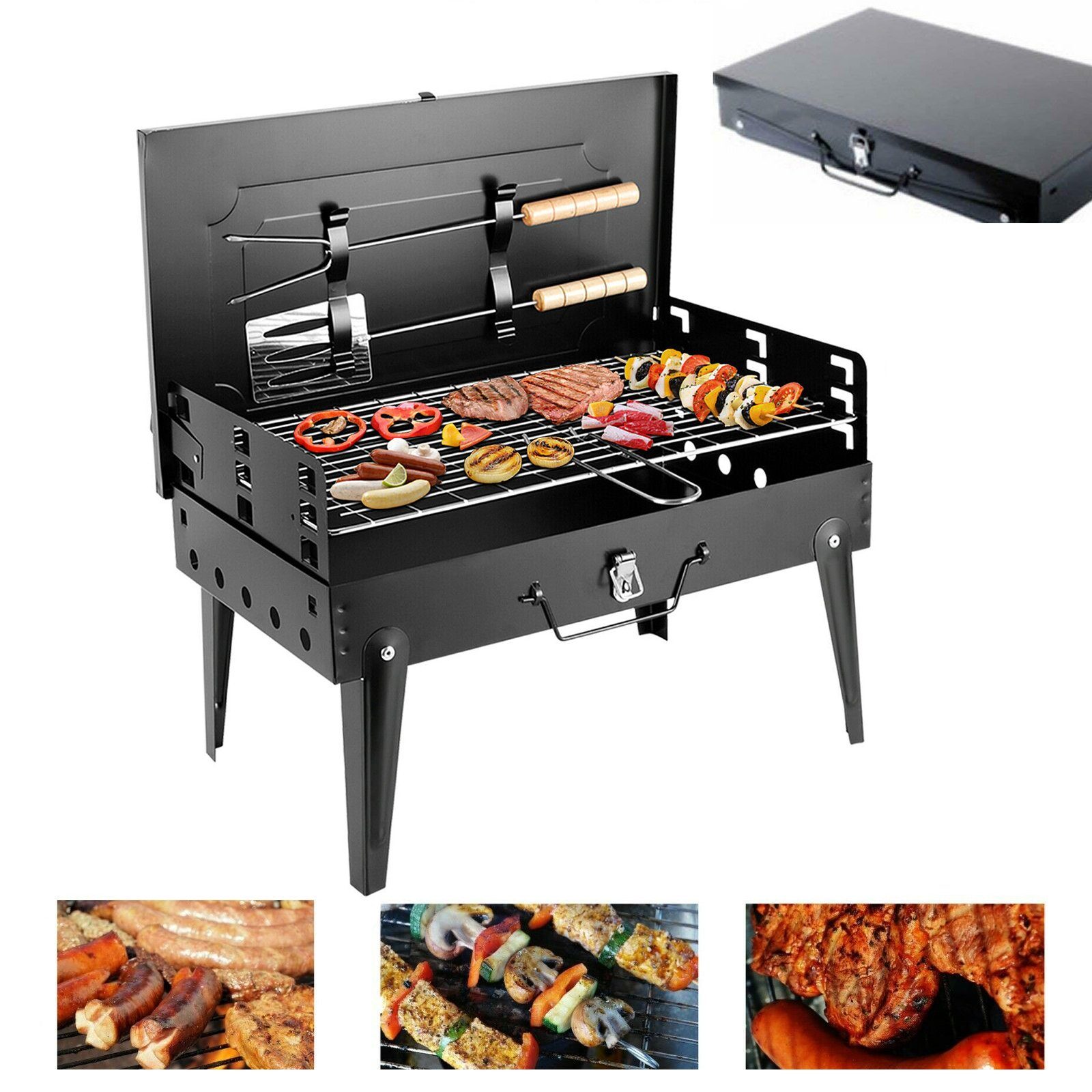 SunJas Holzkohlegrill CA-07, Tragbare Grill, 2tlg Grillbesteck, Metal-Campinggrill Klappgrill Picknickgrill Tragbar Tischgrill