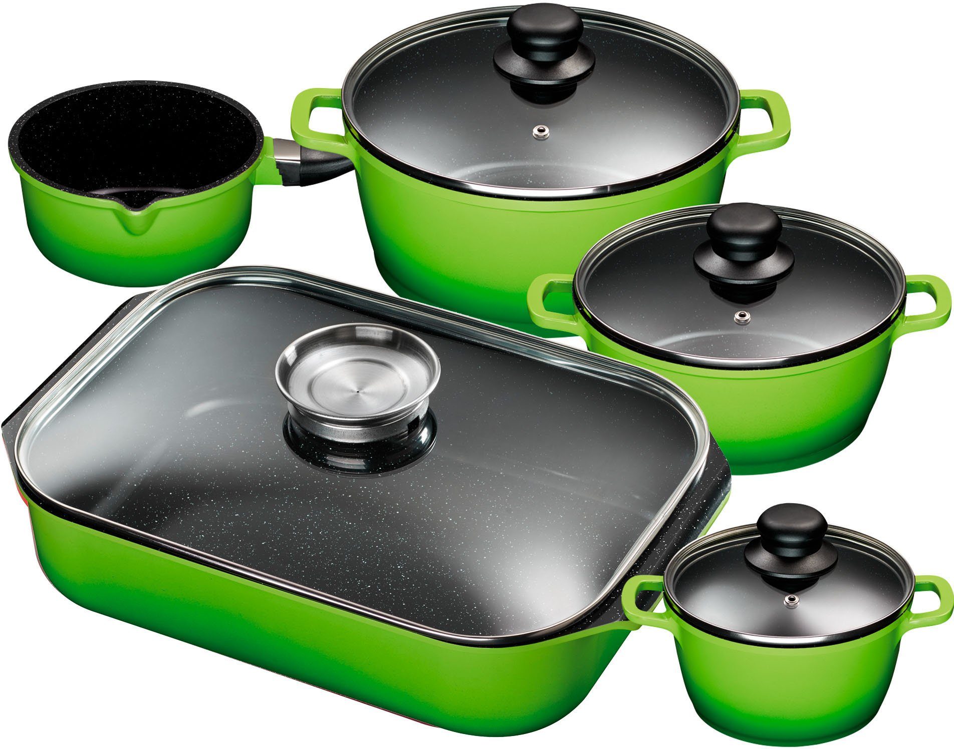 KING Topf-Set, Aluminiumguss (Set, 5-tlg., je 1 Kochtopf 16/20/24 cm, Stielkasserolle 16 cm, Кастрюли жаровни 40 x 26 cm), Induktion, außer Кастрюли жаровни