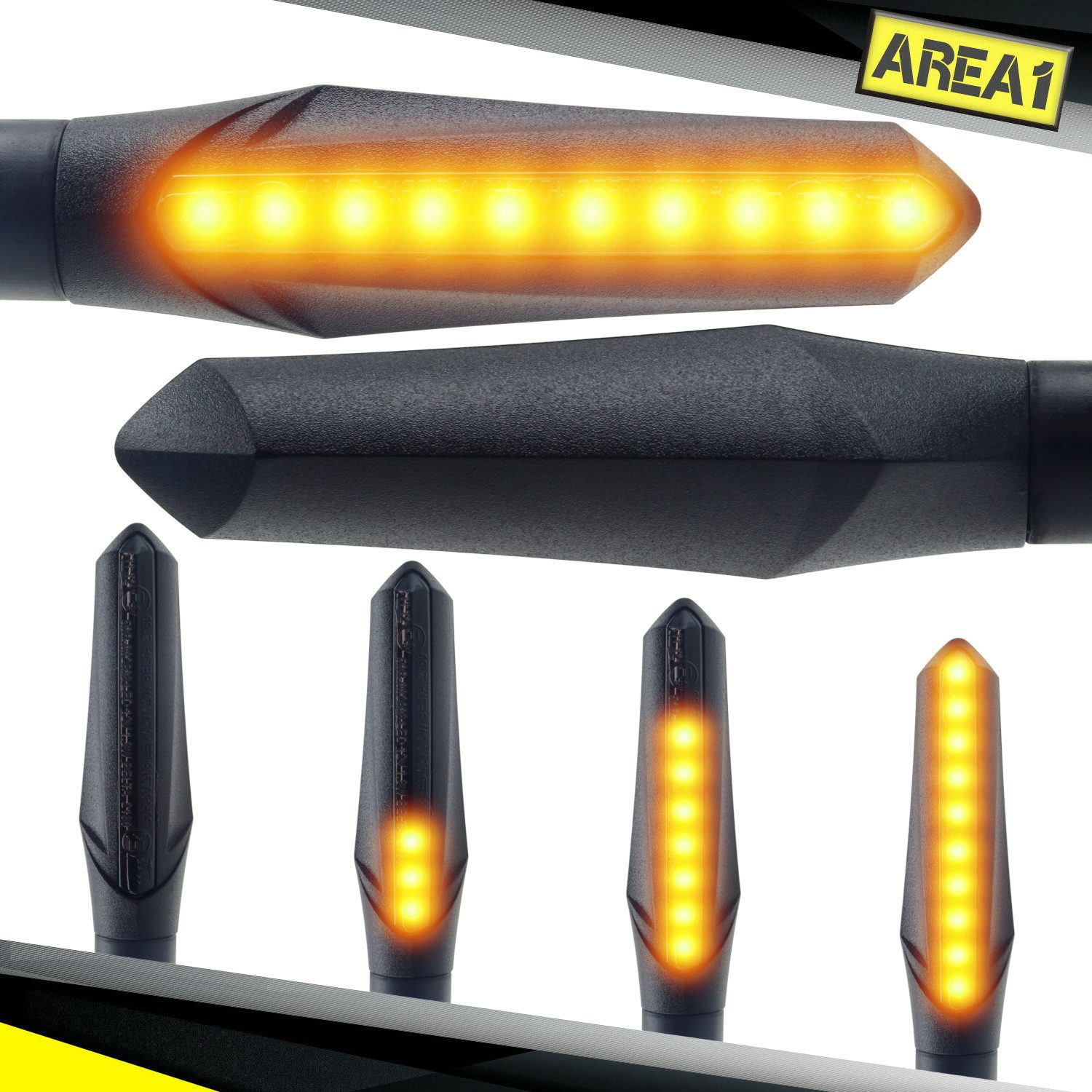 Area1 Blinker Motorrad LED Blinker e-geprüft schwarz, Lauflicht-Effekt, M8 Set (2), Lauflicht