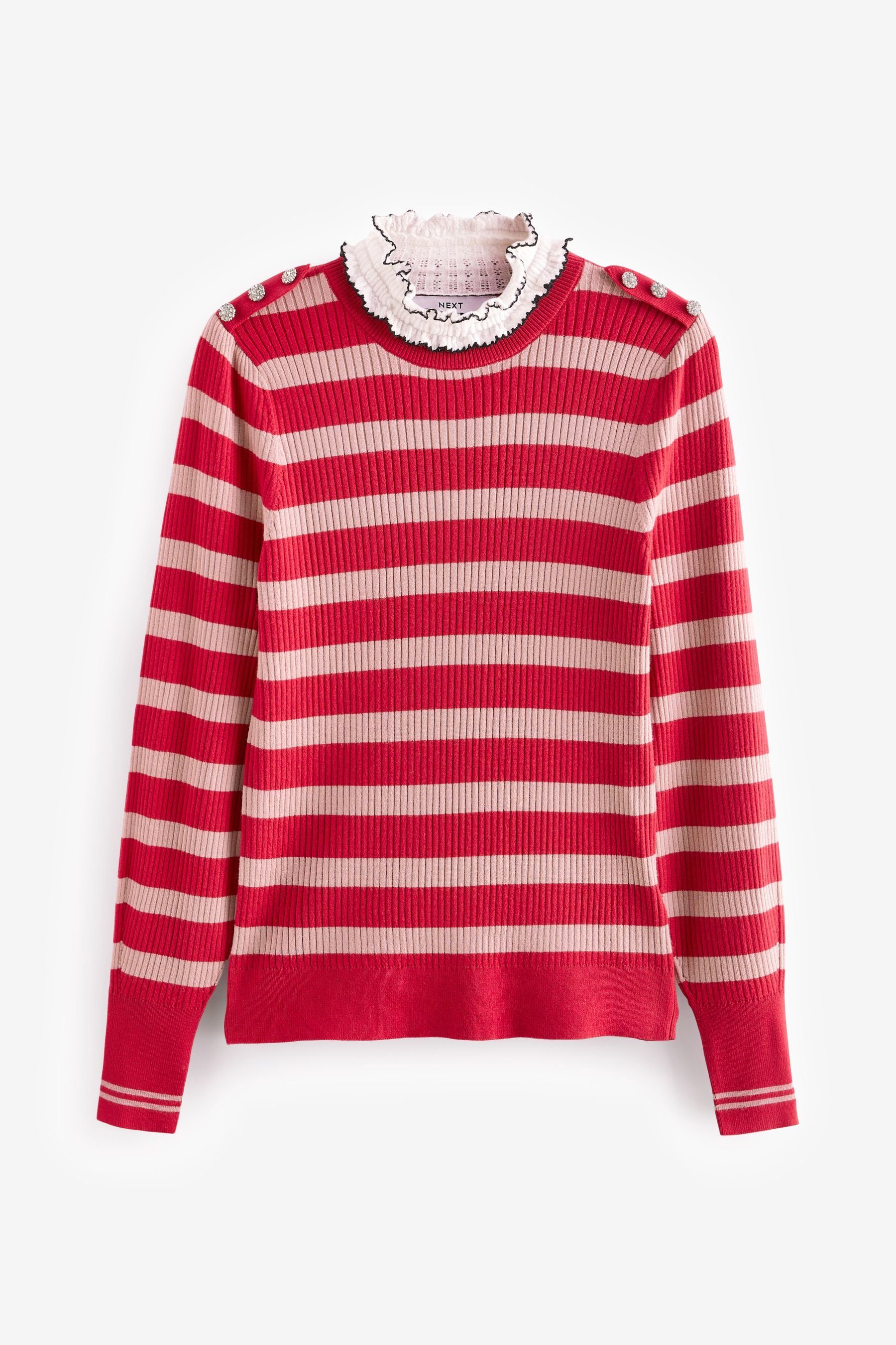 Next Stehkragenpullover Hochgeschlossener Pullover mit Red/Pink Streifen (1-tlg)