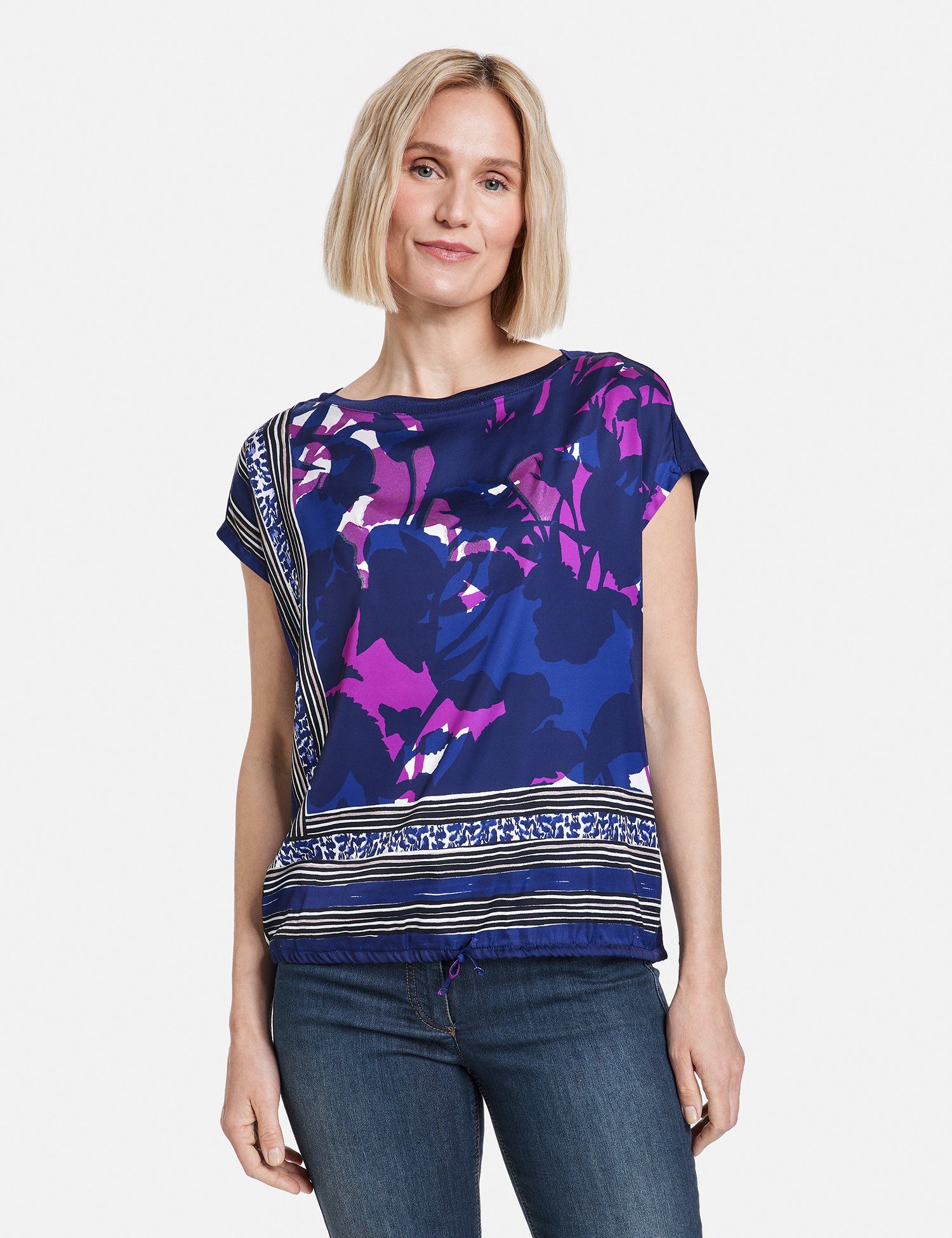 GERRY WEBER Kurzarmshirt Blusenshirt mit elastischem Saum Blau/Lila/Pink Druck | Schlupfblusen