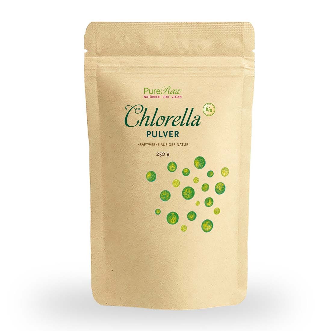 PureRaw Bio Chlorella Pulver – 100 % Chlorella vulgaris, Rohkostqualität Pulver, 250 g