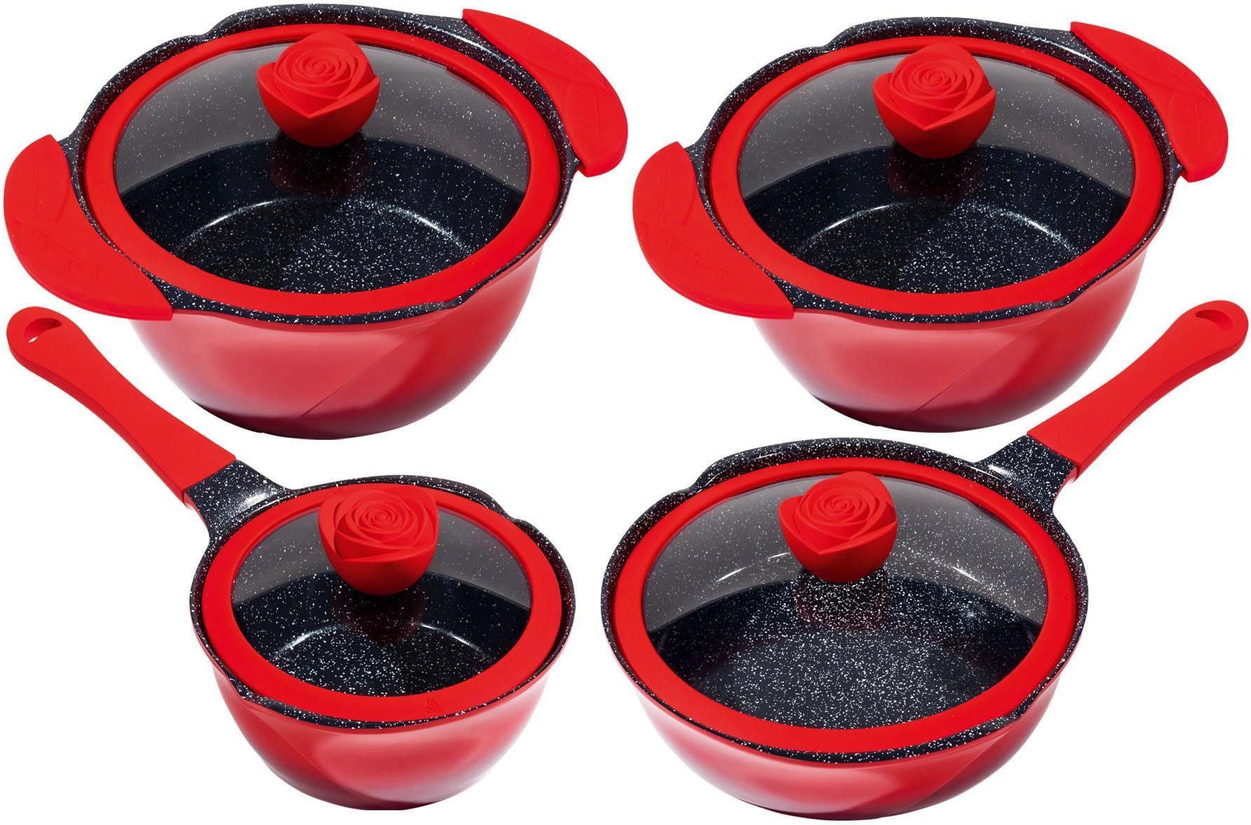 KING Topf-Set Rosenblüte, Aluminiumguss (Set, 8-tlg., Kochtopf 20/24, Stieltopf 18 cm, Bratpfanne 24 cm), Induktion