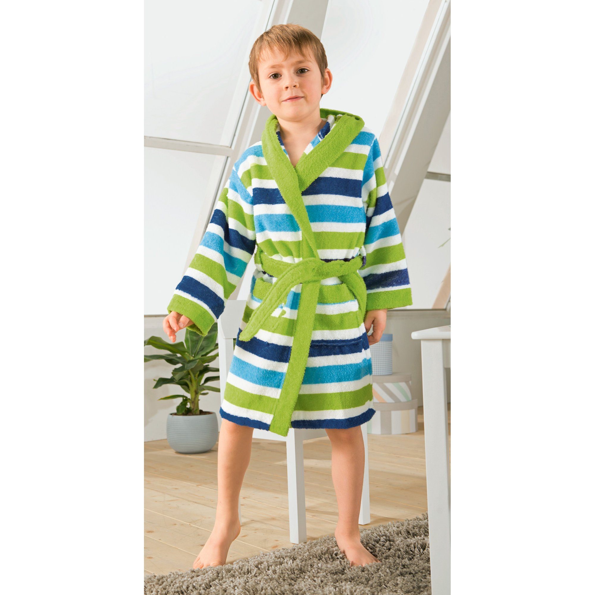 Erwin Müller Kinderbademantel Kinder-Bademantel mit Kapuze, Rückenlänge: 71 cm, Frottier, mit Kapuze/mit Aufsatztasche:, default, Walk-Frottier Streifen – Bild 3 von 5