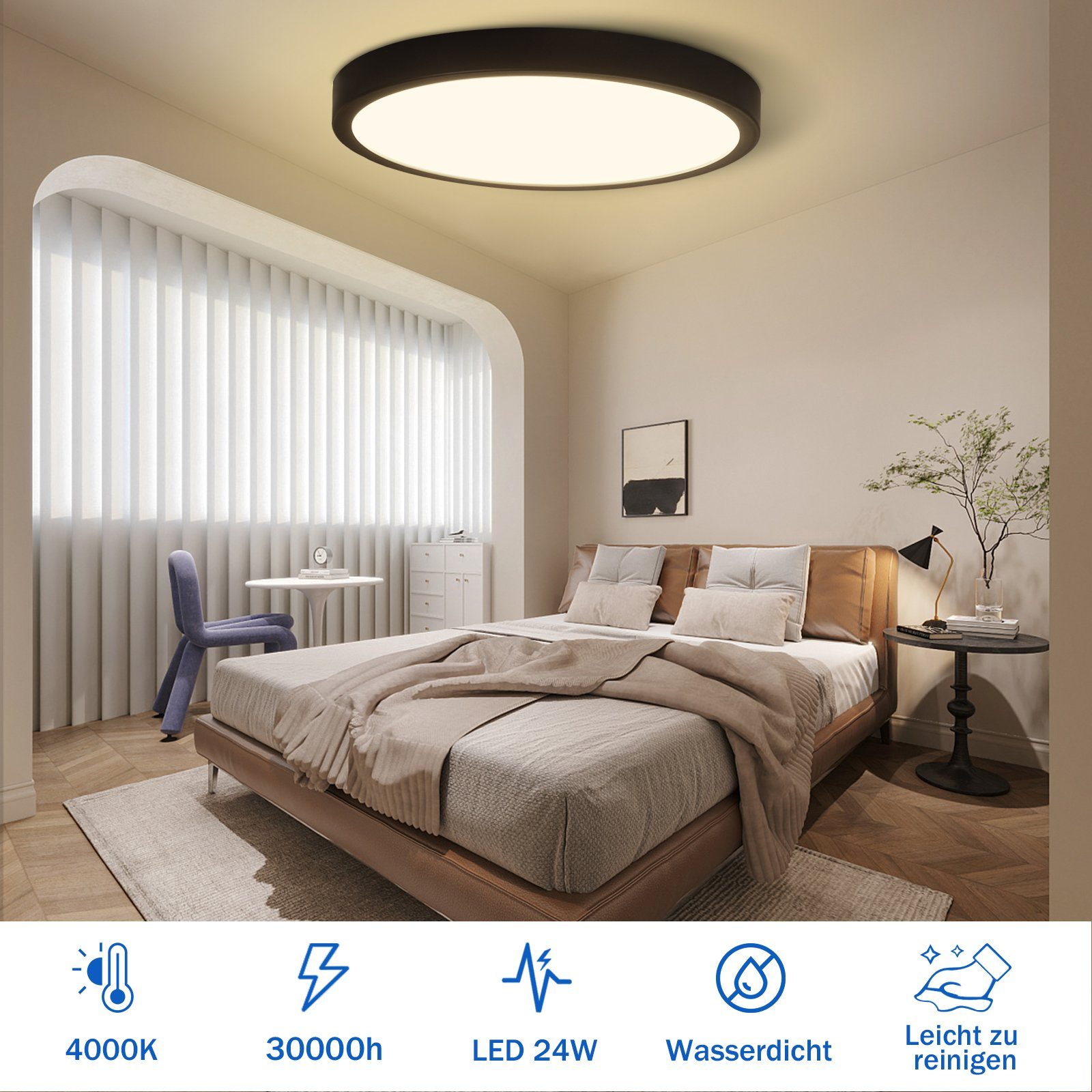 fest Deckenleuchte Leicht Flach Warmweiß, Wohnzimmer, wasserdicht, reinigen, Rund ZMH LED zu schwarz für 24W integriert, LED Modern