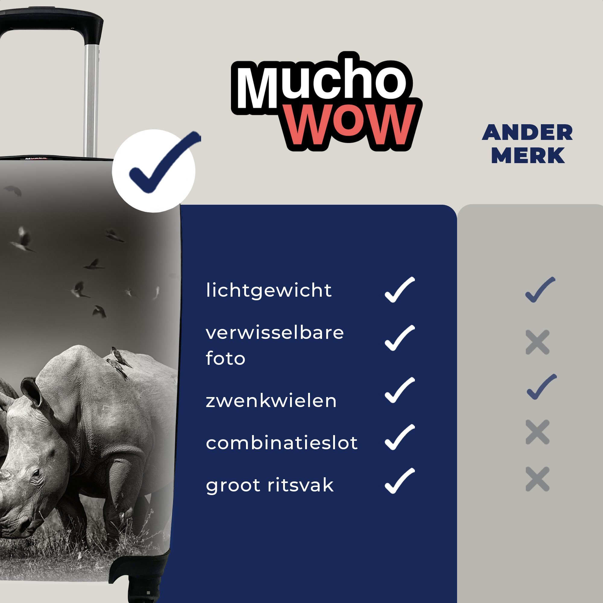 Handgepäck Nashorn für Schwarz Reisetasche - Tiere Landschaft Trolley, - MuchoWow weiß, Ferien, - rollen, mit 4 Handgepäckkoffer - und Vogel Rollen, Reisekoffer