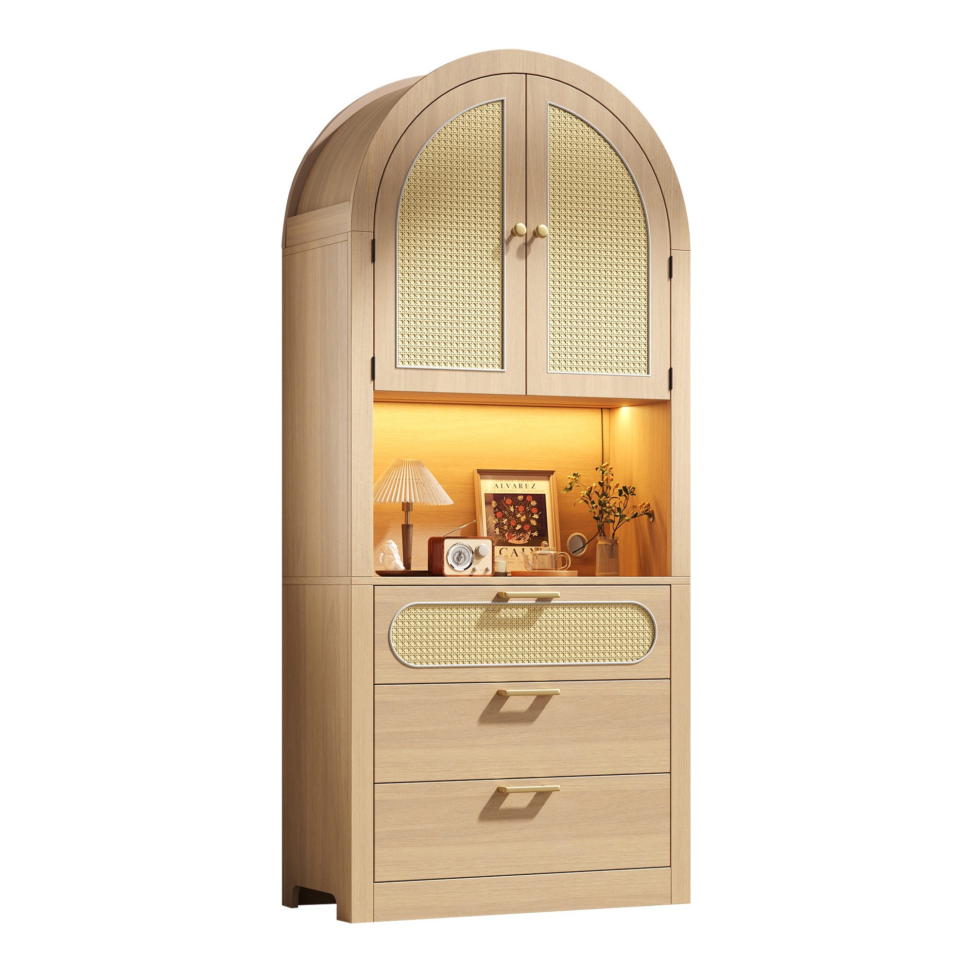 BlingBin Vitrine Vitrinenschrank Aufbewahrungsschrank mit LED, Rattan-Optik Türen (Küchenschrank, Wohnzimmerschrank, Esszimmerschrank, Flurschrank, 1-St., 80 x 35 x 180 cm Buffetschrank) Vitrinenschrank Aufbewahrungsschrank mit LED, Rattan-Optik Türen