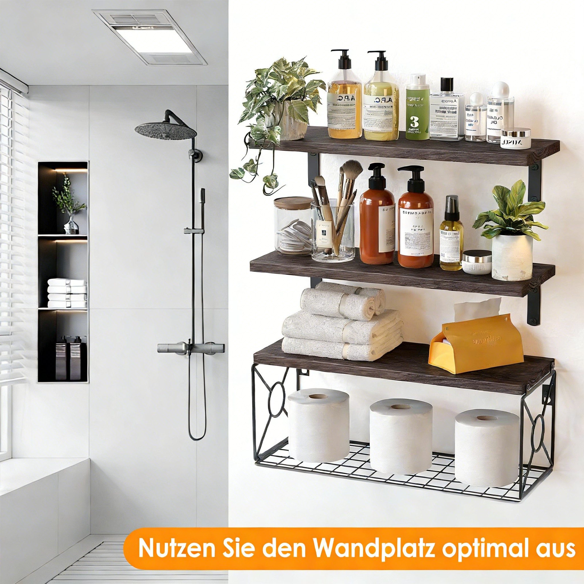 BlingBin Wandregal Schweberegale Badezimmerregale Holzregale wand Regale, 3er-Set 3-tlg., Toilettenpapier Aufbewahrung, Deko Regal, mit Drahtaufbewahrungskorb
