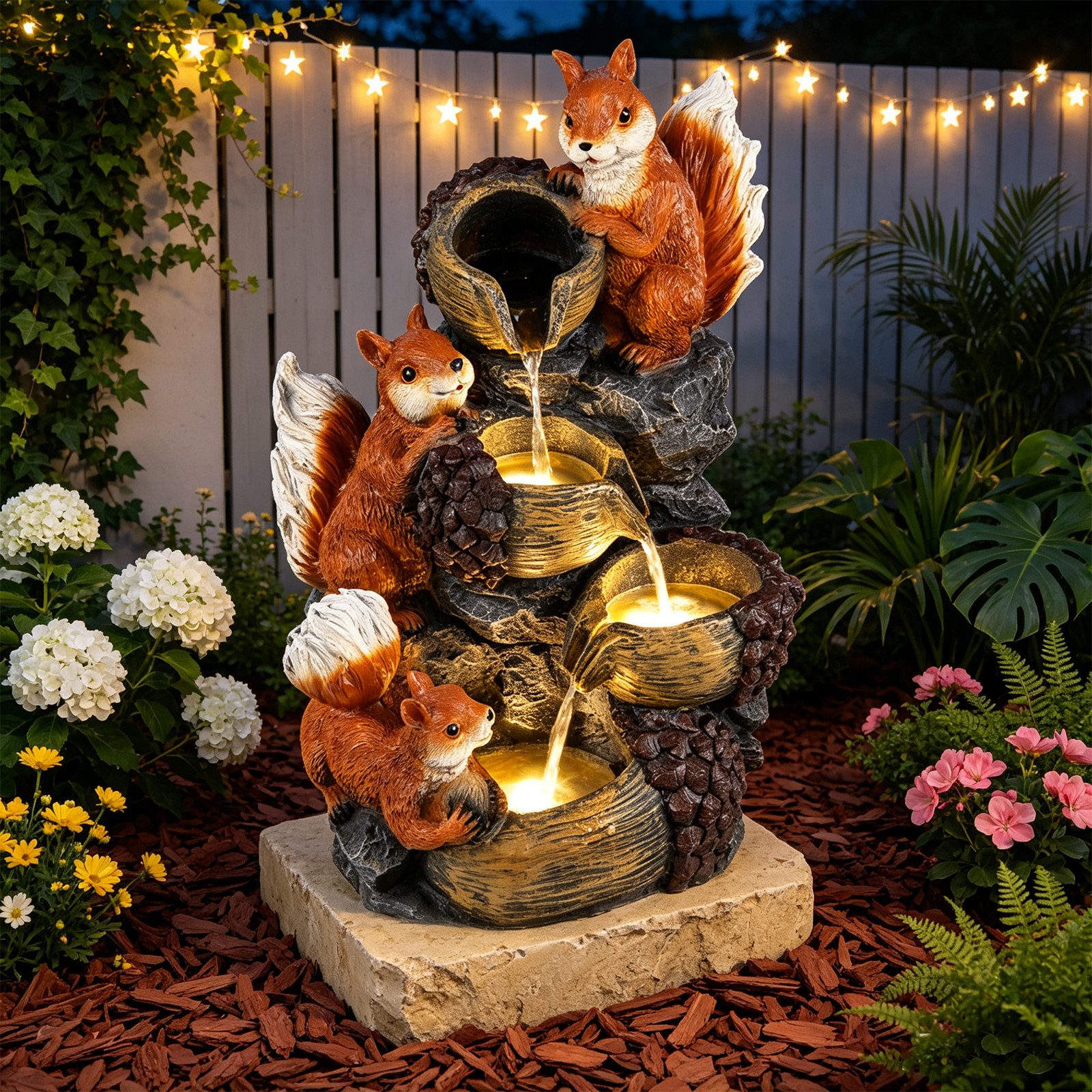 KOMFOTTEU Gartenbrunnen 4-stufiger Springbrunnen, mit LED Beleuchtung, Pumpe & 3 Eichhörnchen