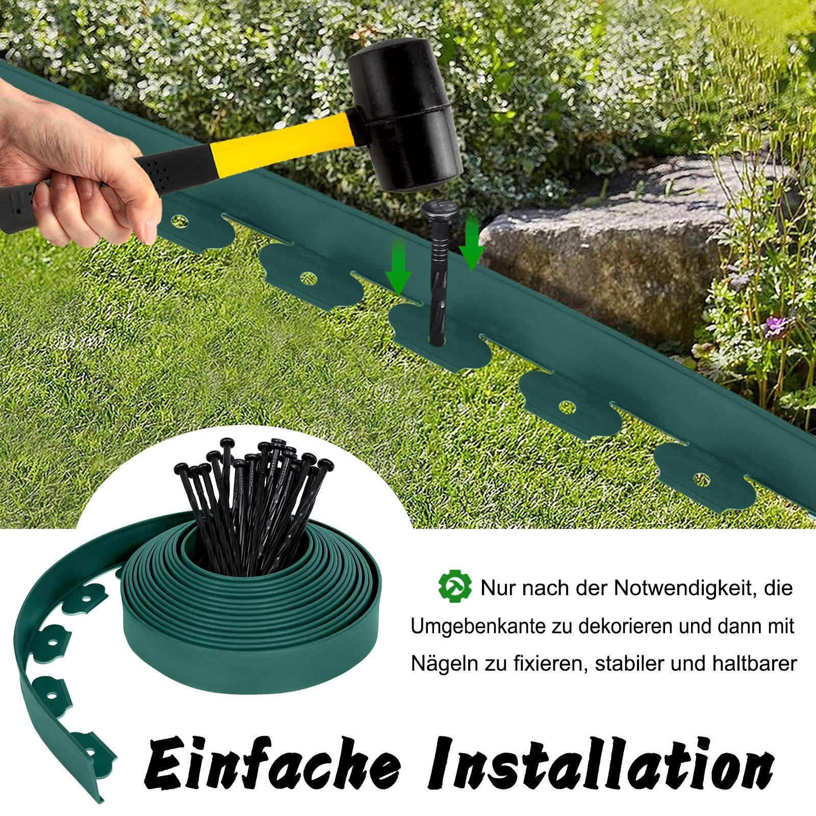 FIVMEN Rasenkante Rasenkante Kunststoff 10m Flexible Beetumrandung Wurzelsperre System, Schwarz/Hellgrau/Grün, Beeteinfassung blumenbeet Umrandung mit 30 Befestigungsnägeln