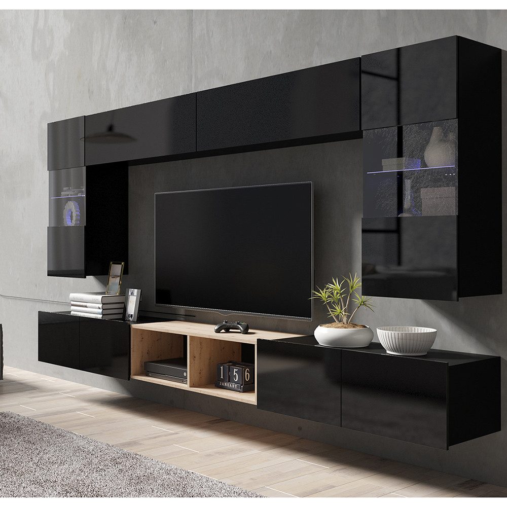 Lomadox Wohnwand CAIRNS-132, (7-St., Wandregal Lowboards Stauraumschränke), in schwarz Hochglanz mit Eiche, stehend oder hängend, grifflos