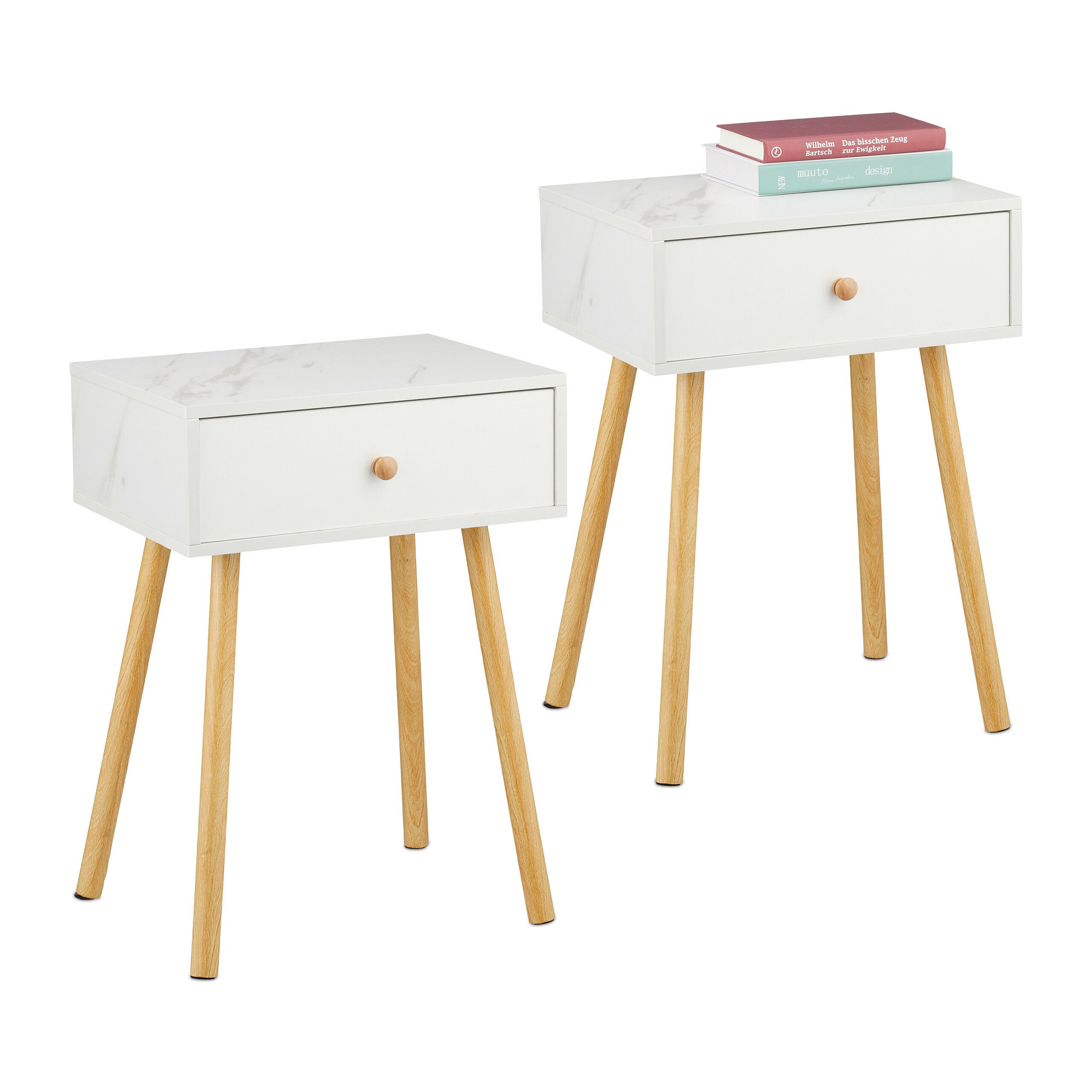 relaxdays Nachttisch Marmoroptik & Holzbeine (2er günstig online kaufen
