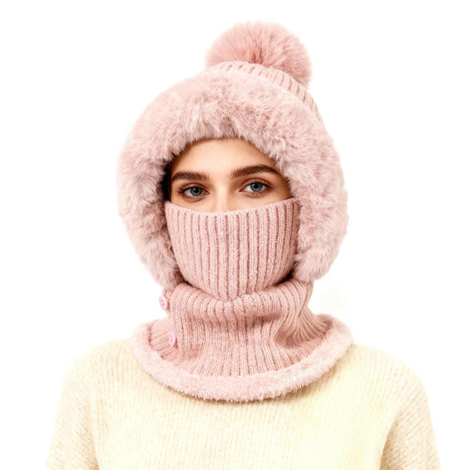 Sturmhaube Strickmütze Balaclava Halswärmer Damen Einheitsgröße Hell-Pink