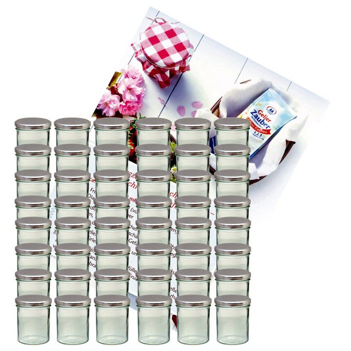 MamboCat Einmachglas 48er Set Sturzglas 350 ml Marmeladenglas Einmachglas Einweckglas To 82 silberner Deckel incl. Diamant-Zucker Gelierzauber Rezeptheft