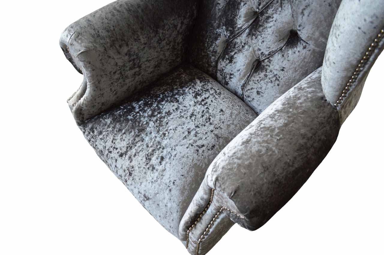 JVmoebel Ohrensessel HANDMADE CRUSHED VELVET CHESTERFIELD ARMCHAIR WING SILVER