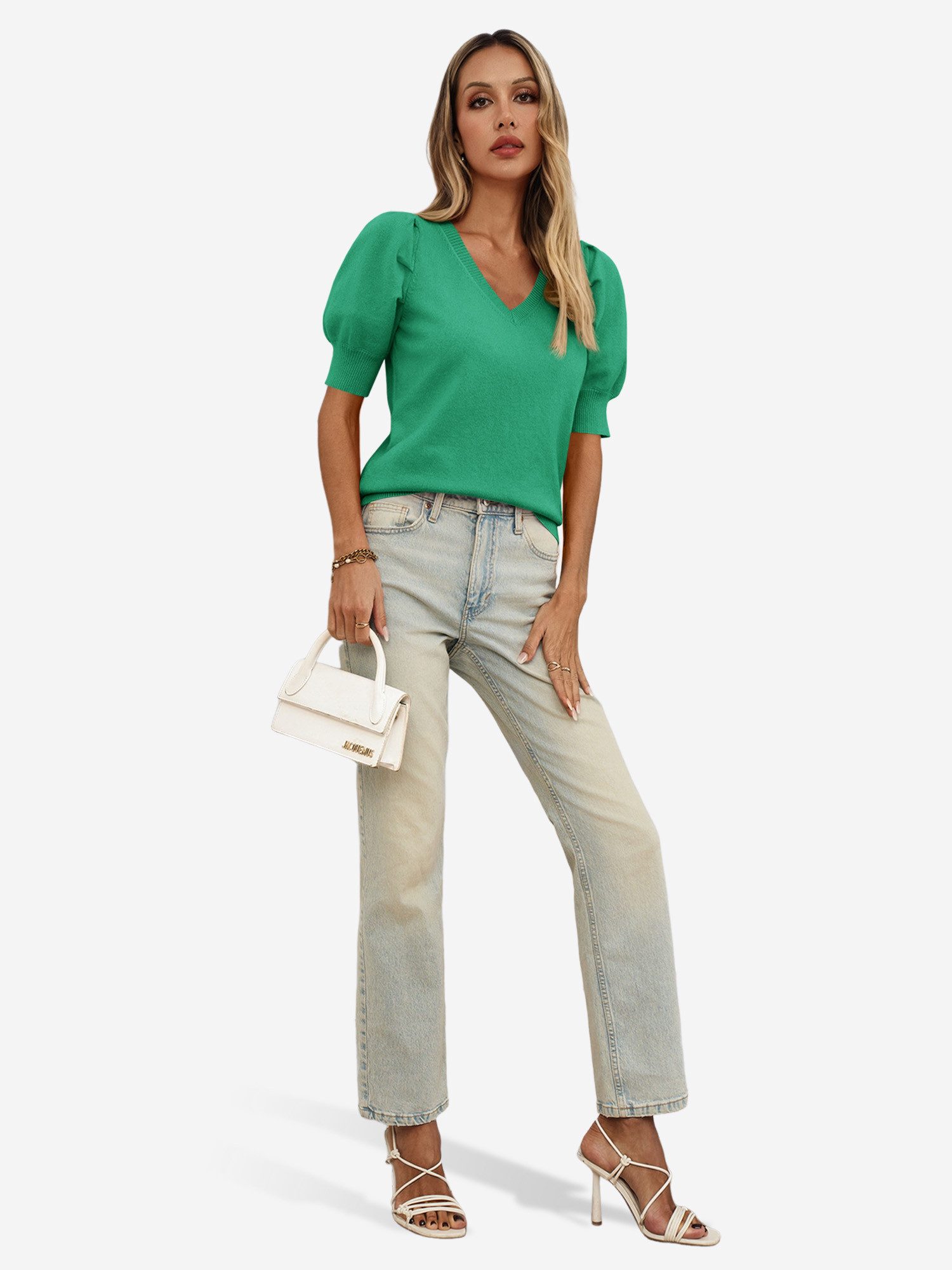 Imily Bela Stricktop Damen Halbarm Puffärmel V-Ausschnitt Top Stricken Sommer Casual (Packung, 1-tlg., 1per-Pack) gehäkelt in Unifarbe