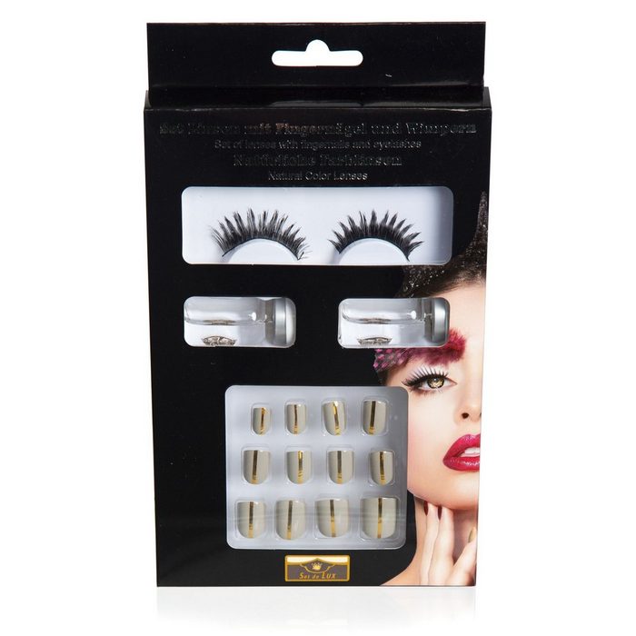 Metamorph Schmink-Set SFX Make-up Set grau-gold Kompaktes Schminkset mit Wimpern Kontaktlinsen und Fingernägeln