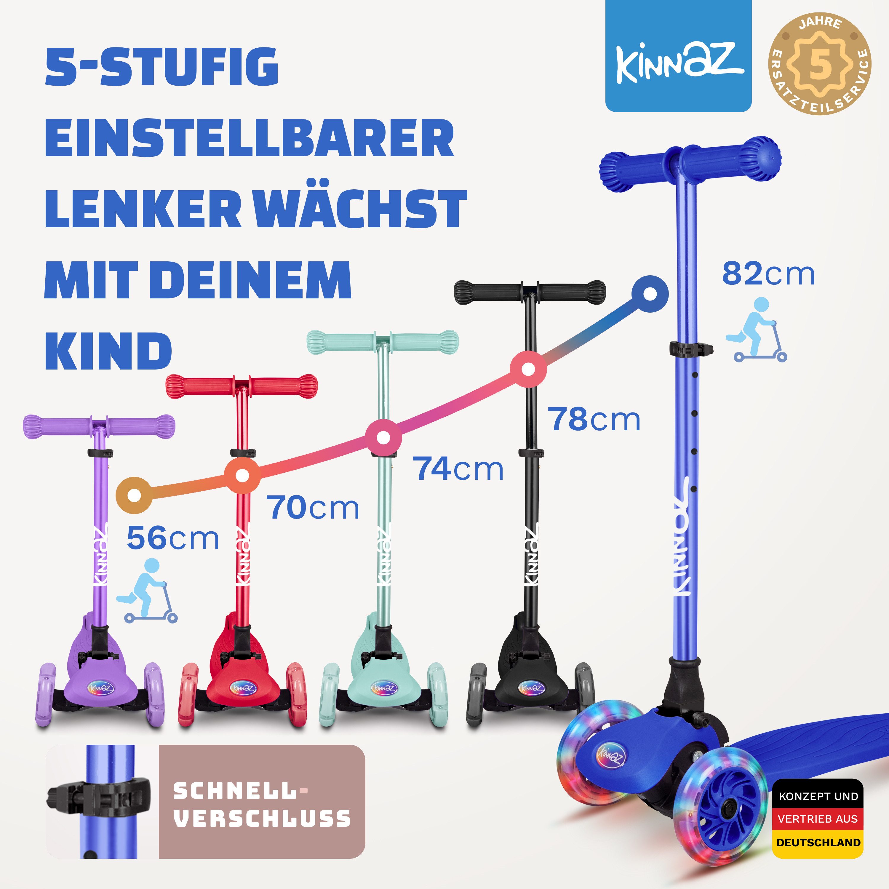 KINNAZ Dreiradscooter ab 2 Jahre LED, faltbar, Höhe flexibel, Kinderoller, Scooter, Roller, (Kinderroller, kinnaz ONE), Händler aus Hamburg – Bild 2 von 5