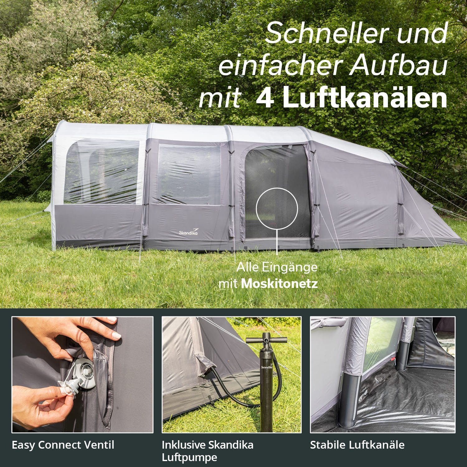 Skandika Tunnelzelt Timola 6 Air Protect, 2 Schlafkabinen, 220 cm Stehhöhe, Personen: 6 (Skandika Air-Rise Technologie: 4 Luftkanäle, eingenähter Zeltboden), Aufblasbares Zelt für 6 Mann, wasserdicht 5000mm Wassersäule, Luftzelt
