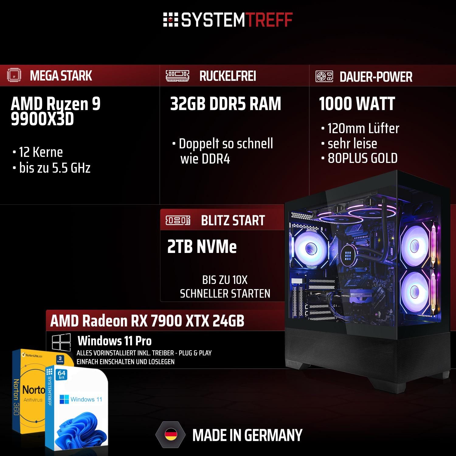 SYSTEMTREFF AMD Ryzen 9 9900X3D mit AMD Radeon RX 7900 XTX 24GB Gaming-PC (AMD 9900X3D 9900X3D, Radeon RX 7900 XTX, 32 GB RAM, 2000 GB SSD, Wasserkühlung)