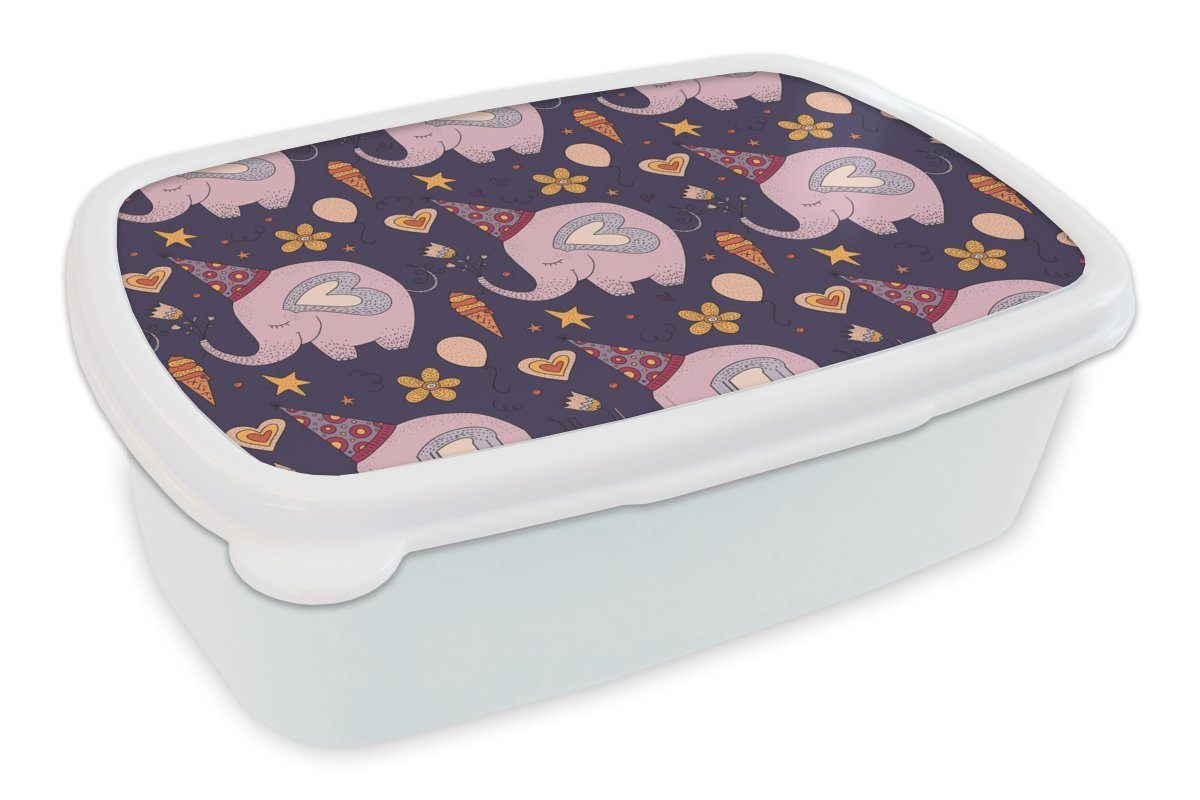 MuchoWow Lunchbox Geburtstag - Elefant - Muster, Kunststoff, (2-tlg), Brotbox für Kinder und Erwachsene, Brotdose, für Jungs und Mädchen weiß