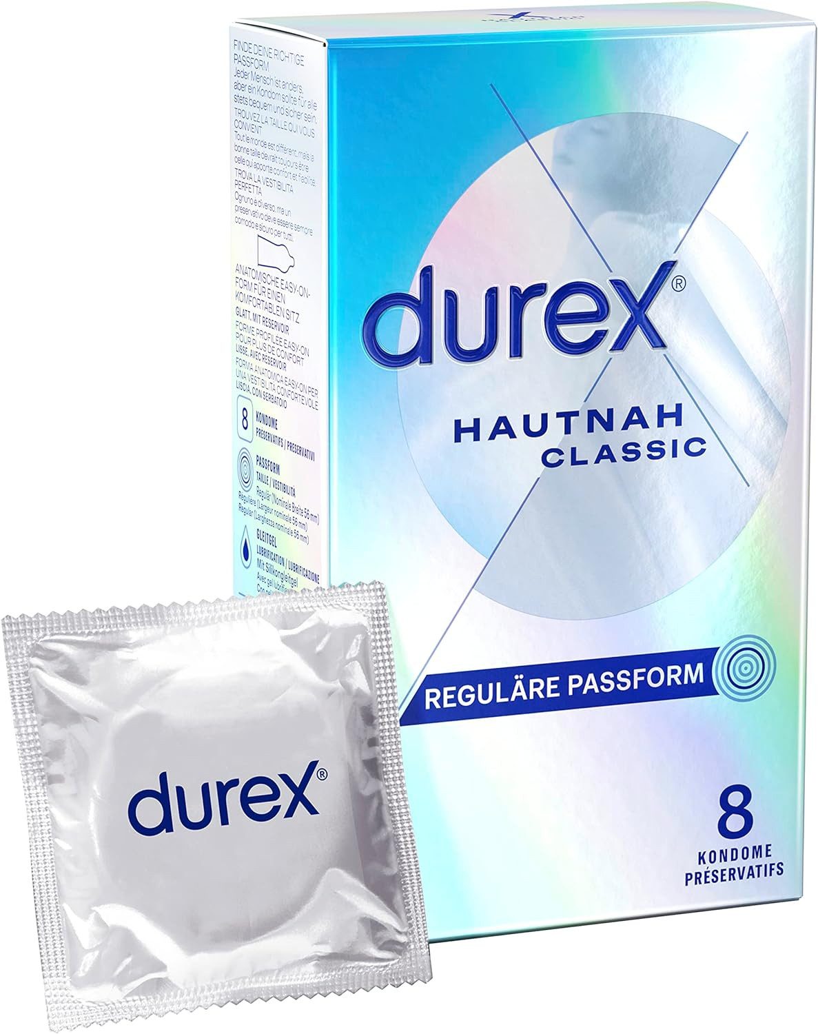durex Kondome Hautnah Classic – Ultra dünn, mit anatomischer Easy-On-Form & mit Silikongleitgel befeuchtet, 8 St.