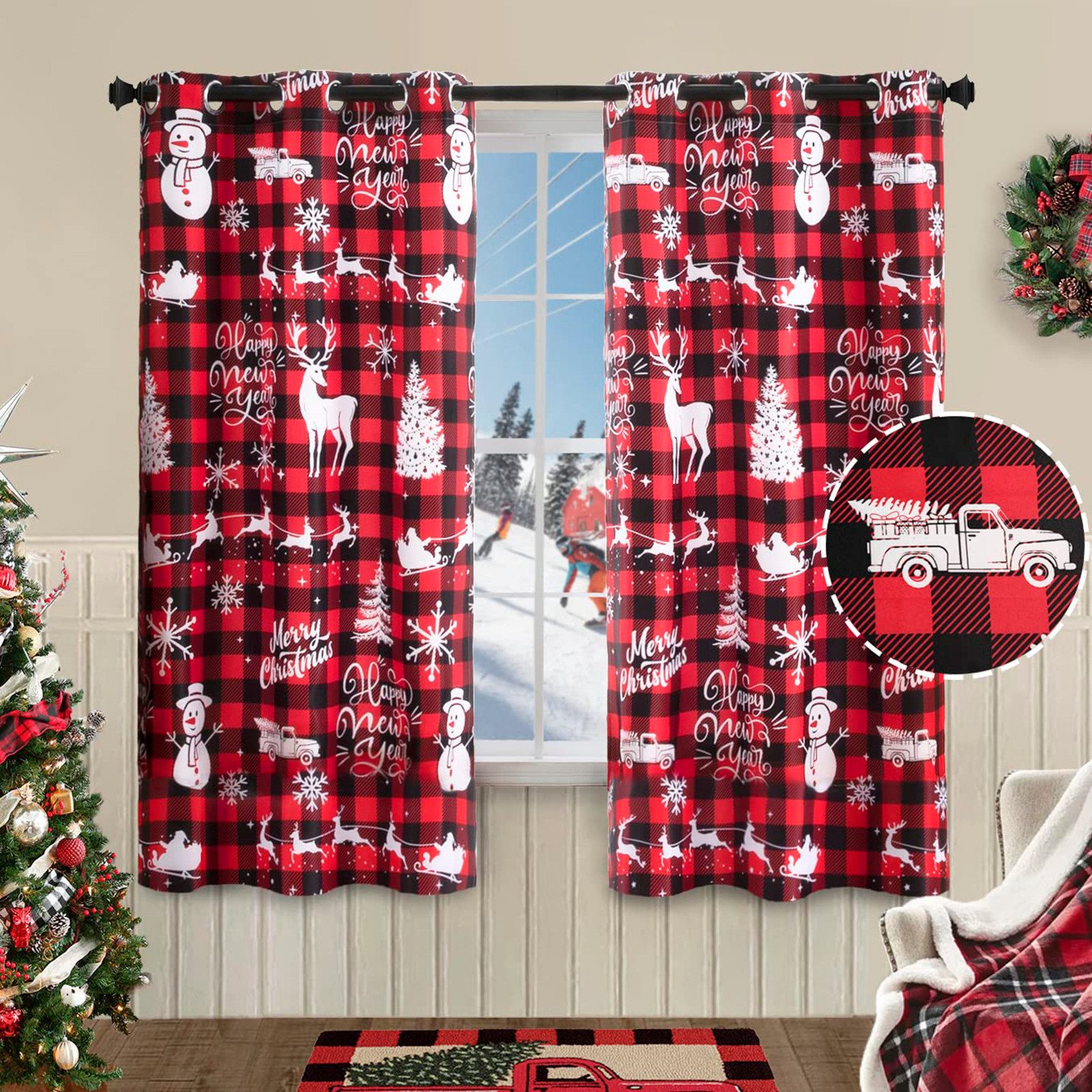 Jibenhome Vorhang Wärmeisolierender Karo Vorhang mit Ösen,Weihnachtsdeko (2 St), blickdicht, Kariertes Rot-Schwarz-Karo für Bauernhaus Restaurant Partydekoration