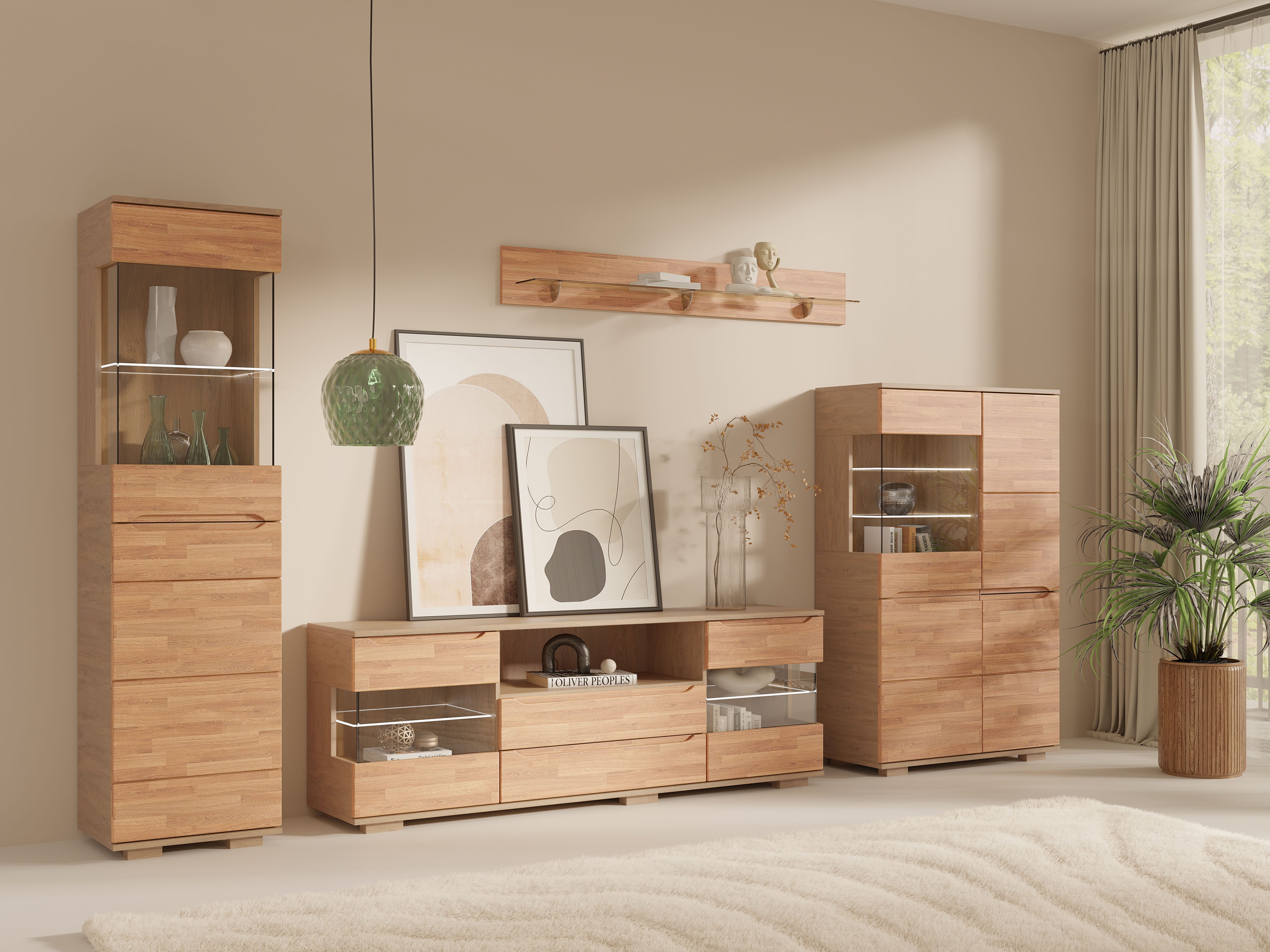 OTTO home Wohnwand VETRO: besteht aus 2 Vitrinen, 1 Sideboard & 1 Wandregal, Wohnzimmer., (4-St), Breite:320cm, Türen mit Glaseinsätzen, Kabeldurchführung in Sideboard